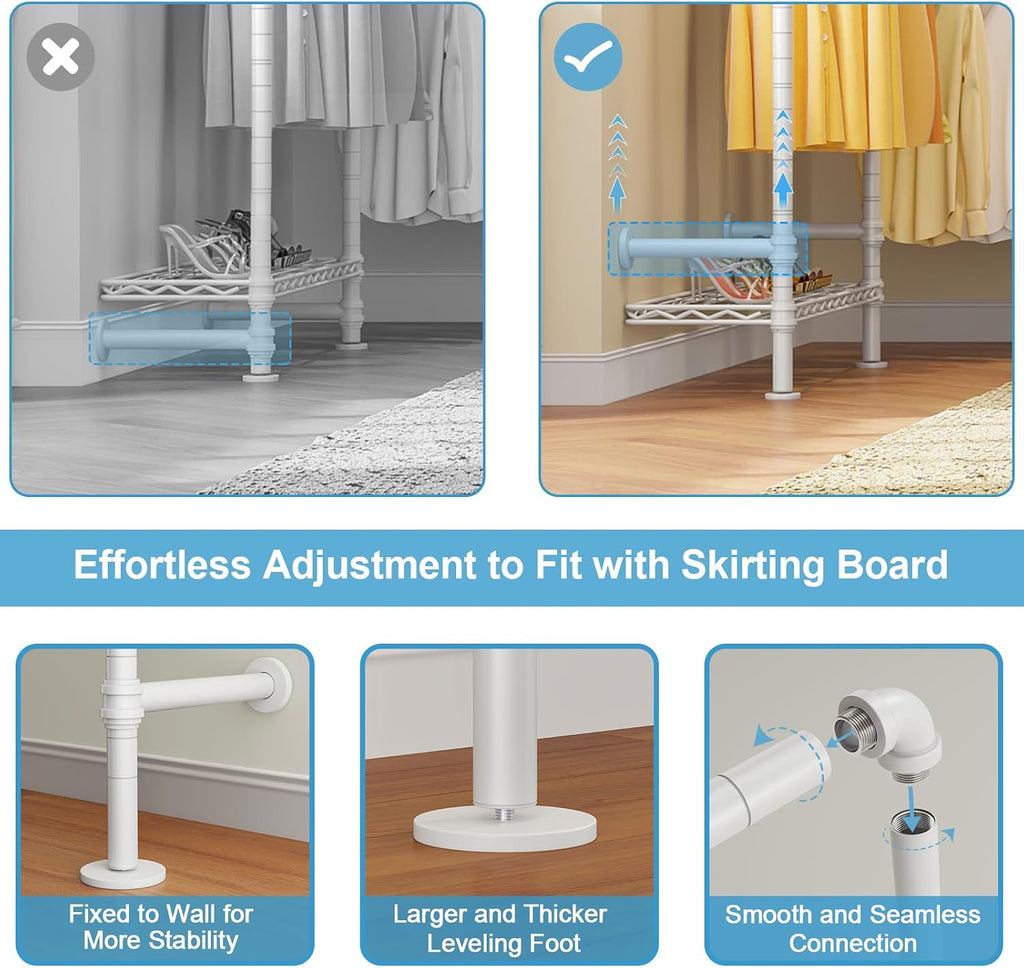 Timate X3i Garment Rack for Hanging Clothes Load 980lbs, Expandable Wall Mounted Closet System with Baskets Industrial Pipe Heavy Duty Clothes Rack Walk in Closet, Adjustable from 5'10' to 8'3', White