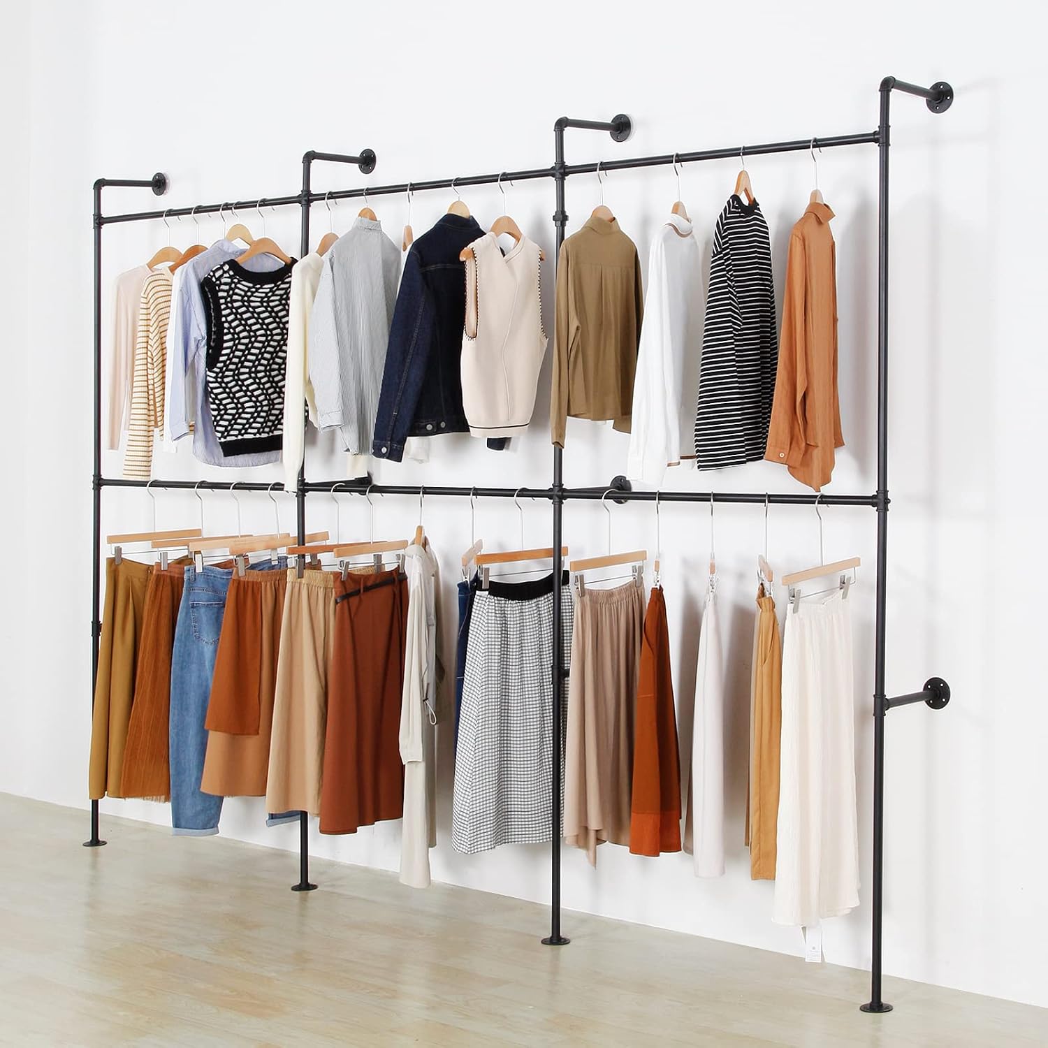 Modern Simple Industrial Pipe Clothing Rack, Display Stand Wall Mounted Clothes Garment Rack Heavy Duty Hanging Clothes Rods Bar for Closet Storage, 134in Black