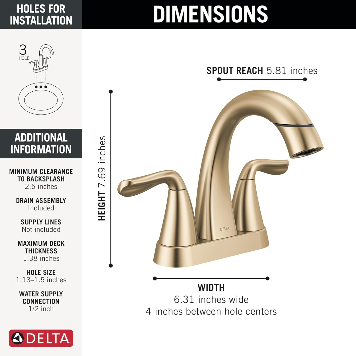 Delta Arvo Pull-Down Centerset Bathroom Faucet, Gold Bathroom Sink Faucet, Bathroom Faucet with Pull Out Sprayer, 3-Hole Bathroom Faucet, Champagne Bronze 25840LF-CZPD