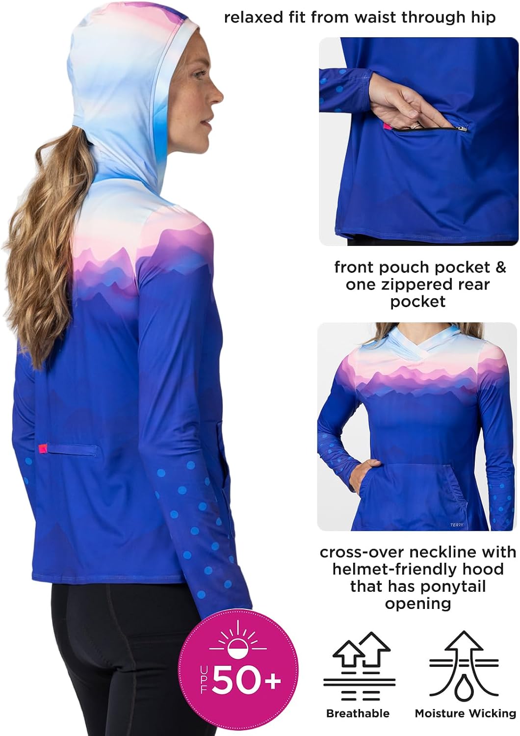 Terry Soleil Hoody Cycling Jersey Top for Women, Athletic Fit UPF 50+ Lightweight Sun Protection Biking Hiking Outdoor