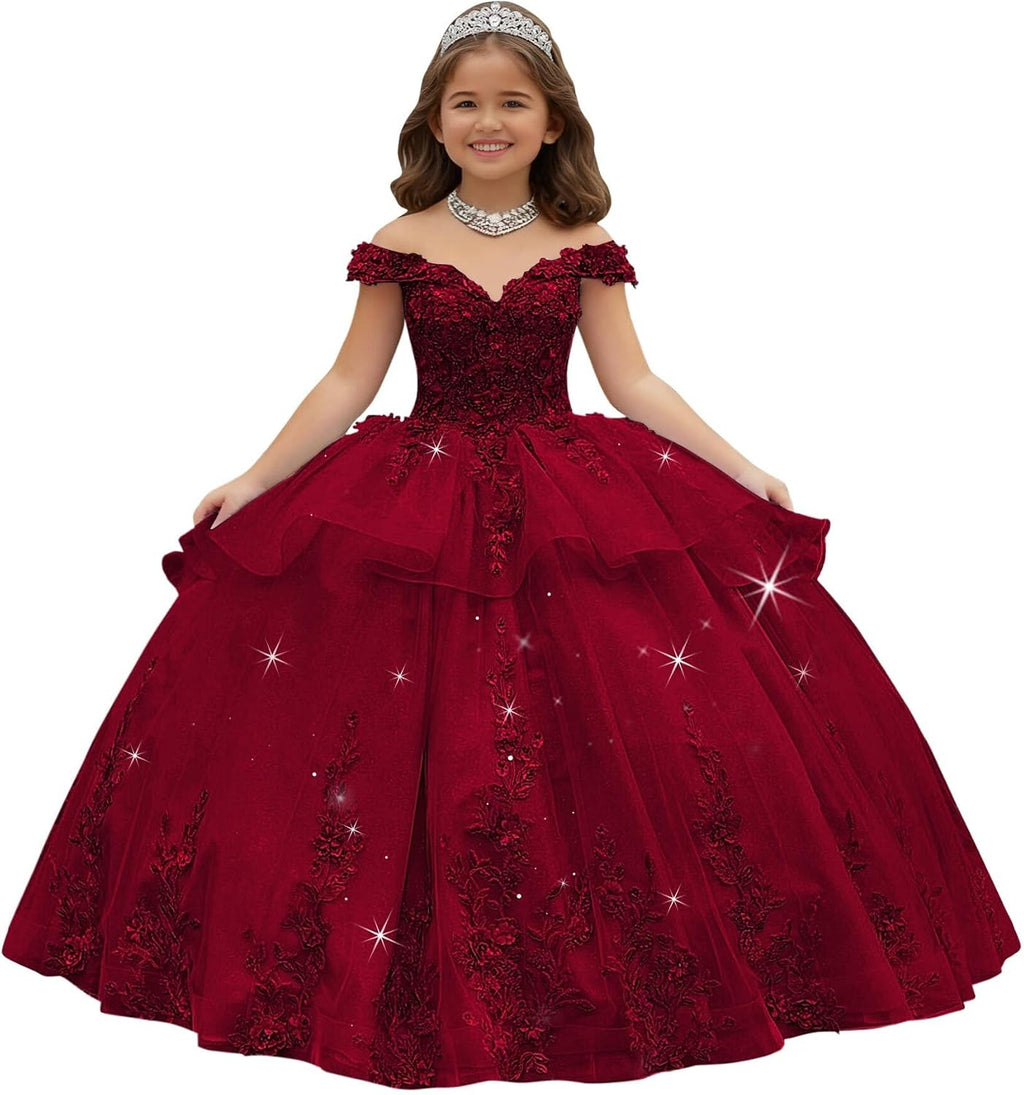 Crystal Lace Applique Flower Girl Dress Layered 3D Floral First Communion Dresses Off Shoulder Girls Pageant Dresses