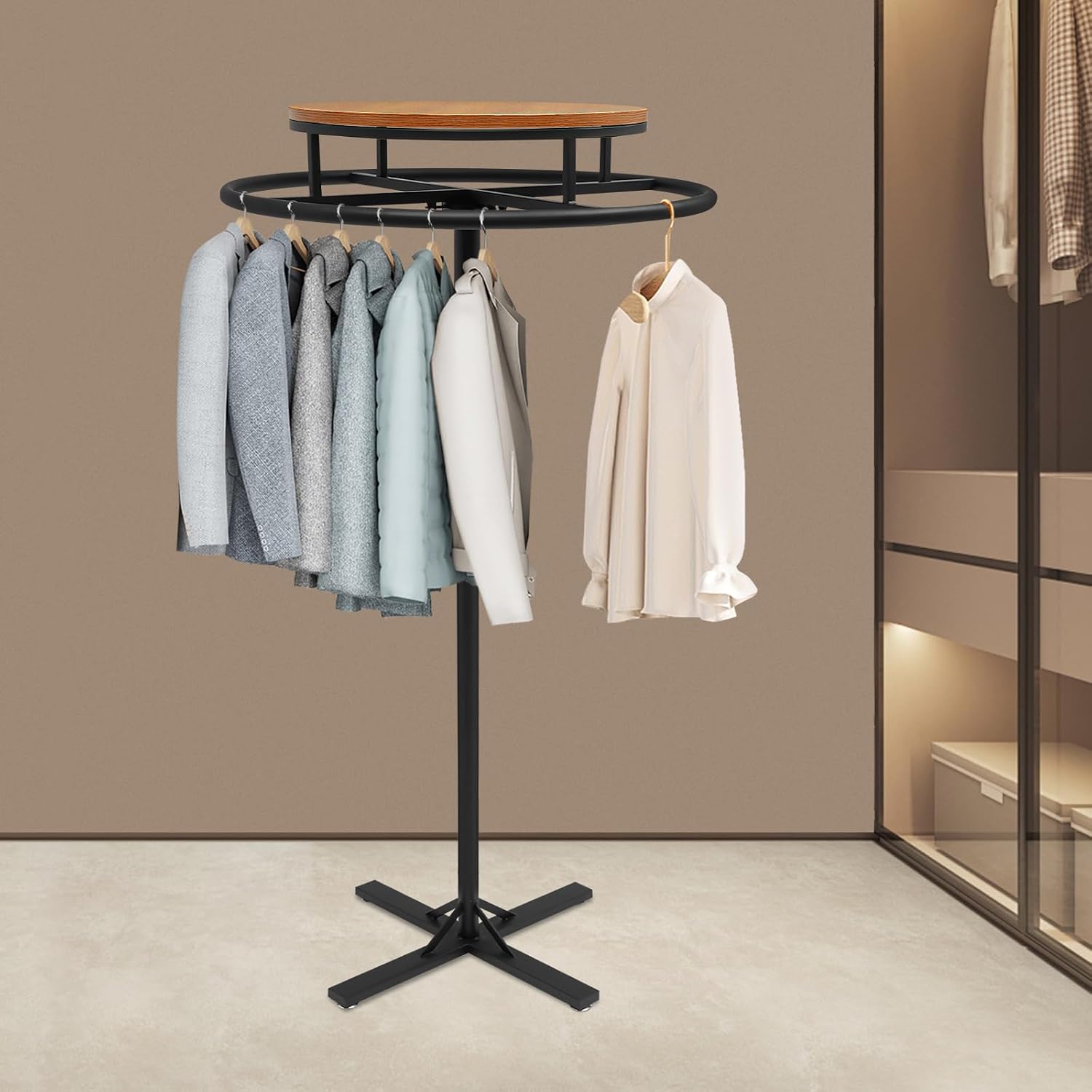 28 * 51 inch Retail Clothing Garment Racks with Display Table, Black 360° Rotatable Floor-Standing Clothes Storage Rack for Bedrooms Boutiques Retail Commercial Shop Laundry Room