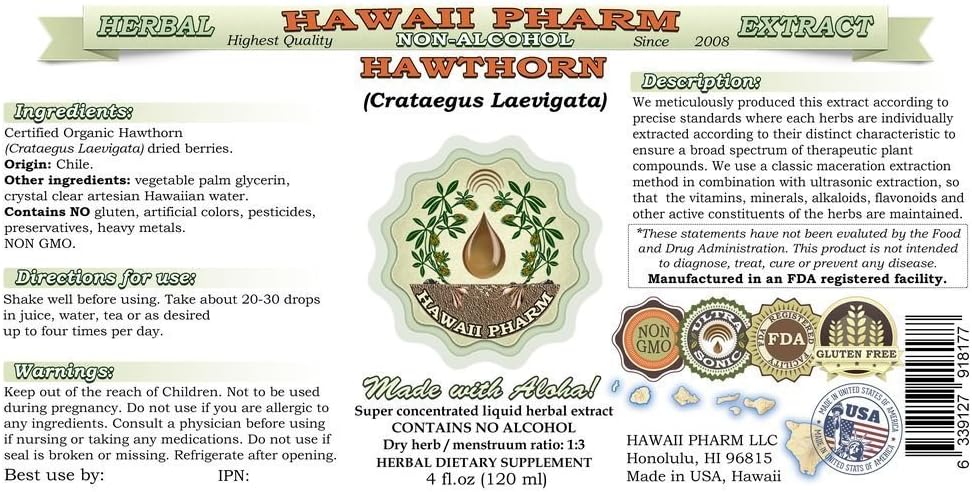 Hawaii Pharm Hawthorn Alcohol-Free Liquid Extract, Hawthorn (Crataegus Laevigata) Dried Leaf, Flower and Stem Glycerite Natural Herbal Supplement 32 oz Unfiltered