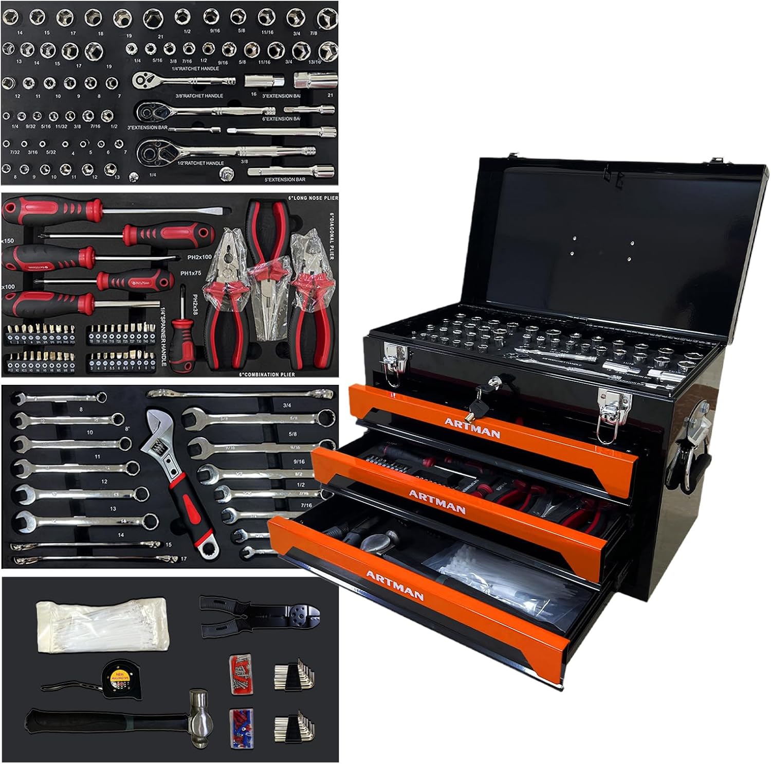 3 Drawer Tool Chest 439-Piece Mechanics Tool Set with Lock, Portable Household Tool Kit Heavy Duty Metal Tool Box for Garage, Warehouse,Workshop and Auto Repair (Orange)