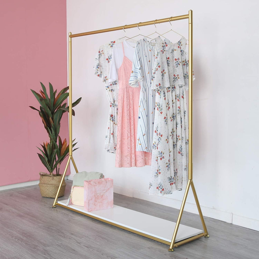 HOMEKAYT Gold Clothing Rack with Shelf Heavy Duty Gold Garment Rack Gold Glothes Rack Modern Display Rack for Home, Boutique,Retail - 59''L