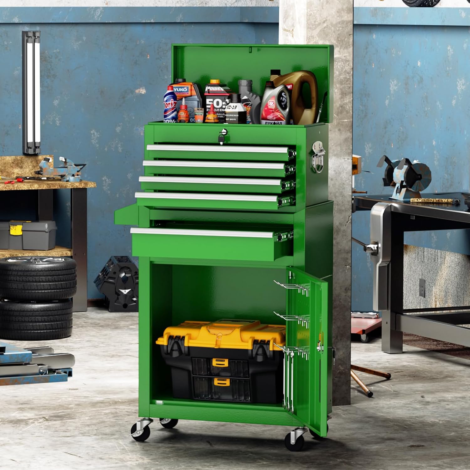 Incbruce 5-Drawer Metal Rolling Tool Chest, High Capacity Toolbox Organizer with Wheels, Detachable Tool Cabinet Top for Mechanics Garage and Workshop (Green)