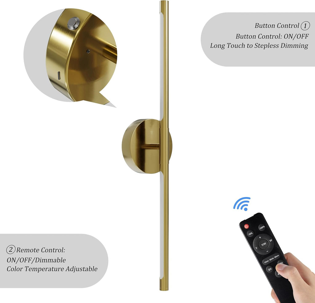 40 Inch Battery Operated Wall Sconce Set of 2-8000mAh, Rechargeable, Dimmable, 3000K-6000K, Remote, Touch Control, Timer, 350° Rotate, LED Wall Lamps for Living Room, Bedroom, Gold