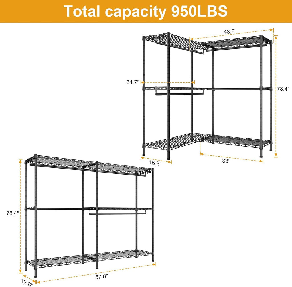 ULIFHOME E15 Pro Garment Rack L Shaped Clothes Rack for Corner，Freestanding Clothing Racks for Hanging Clothes，Heavy Duty Closet System with 4 Hanging Rods & 8 S Hooks，48.8'W x 15.8'D x 78.4'H，Black
