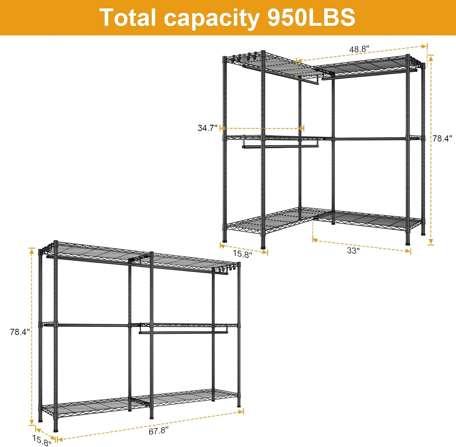 ULIFHOME E15 Pro Garment Rack L Shaped Clothes Rack for Corner，Freestanding Clothing Racks for Hanging Clothes，Heavy Duty Closet System with 4 Hanging Rods & 8 S Hooks，48.8'W x 15.8'D x 78.4'H，Black