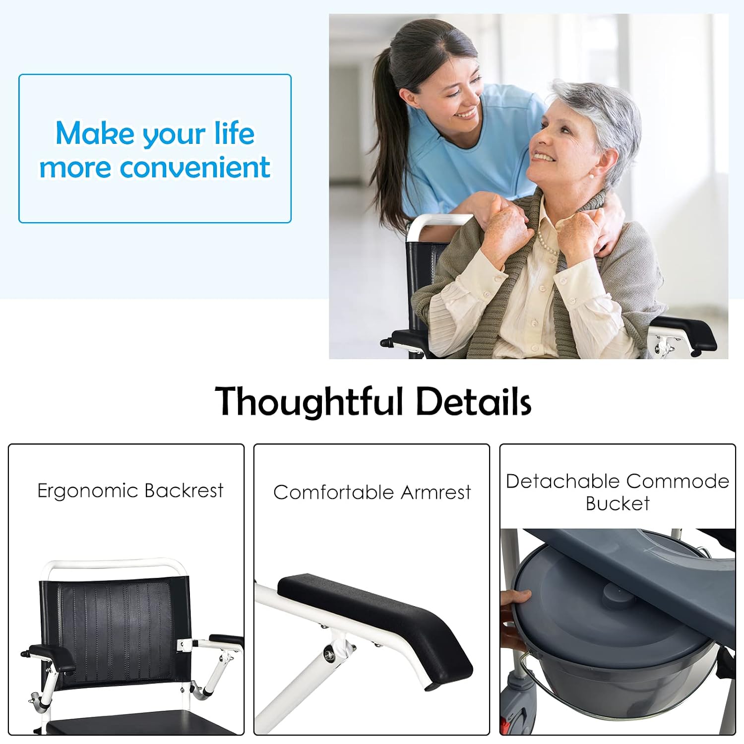 GYMAX 4-in-1 Bedside Commode, Shower Chair with Lockable Wheels, Height Adjustable Rolling Toilet Chair with Detachable Bucket, Portable Handicap Transport Wheelchair for Adult, Disabled, Elderly
