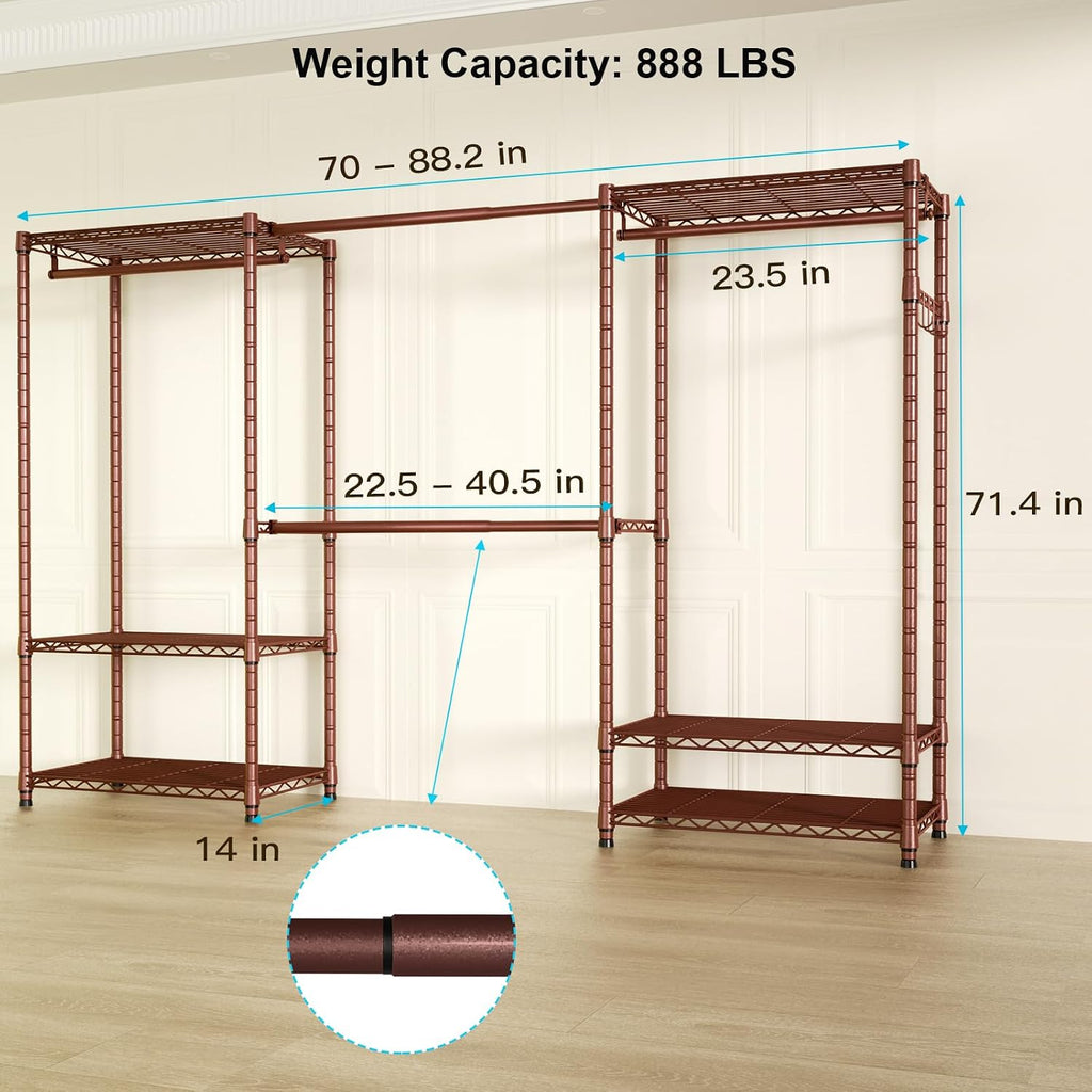 Ulif E1 Heavy Duty Closet Garment Rack, 6 Tiers Adjustable Metal Freestanding Expandable Clothing Storage with 4 Hanger Rods, Easy to Assemble Wardrobe, 71.4' H x (70' - 88.2') L x 14' D, Bronze