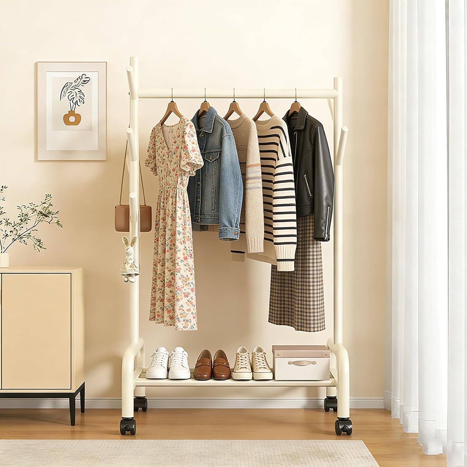 Heavy-Duty Clothes Rack,Rolling Garment Racks With Wheels,Hanging Storage Racks,Freestanding Metal Coat Organizer With Branch Hooks & Bottom Shelf,for Bedroom/Living Room(White,80cm(31.5in))