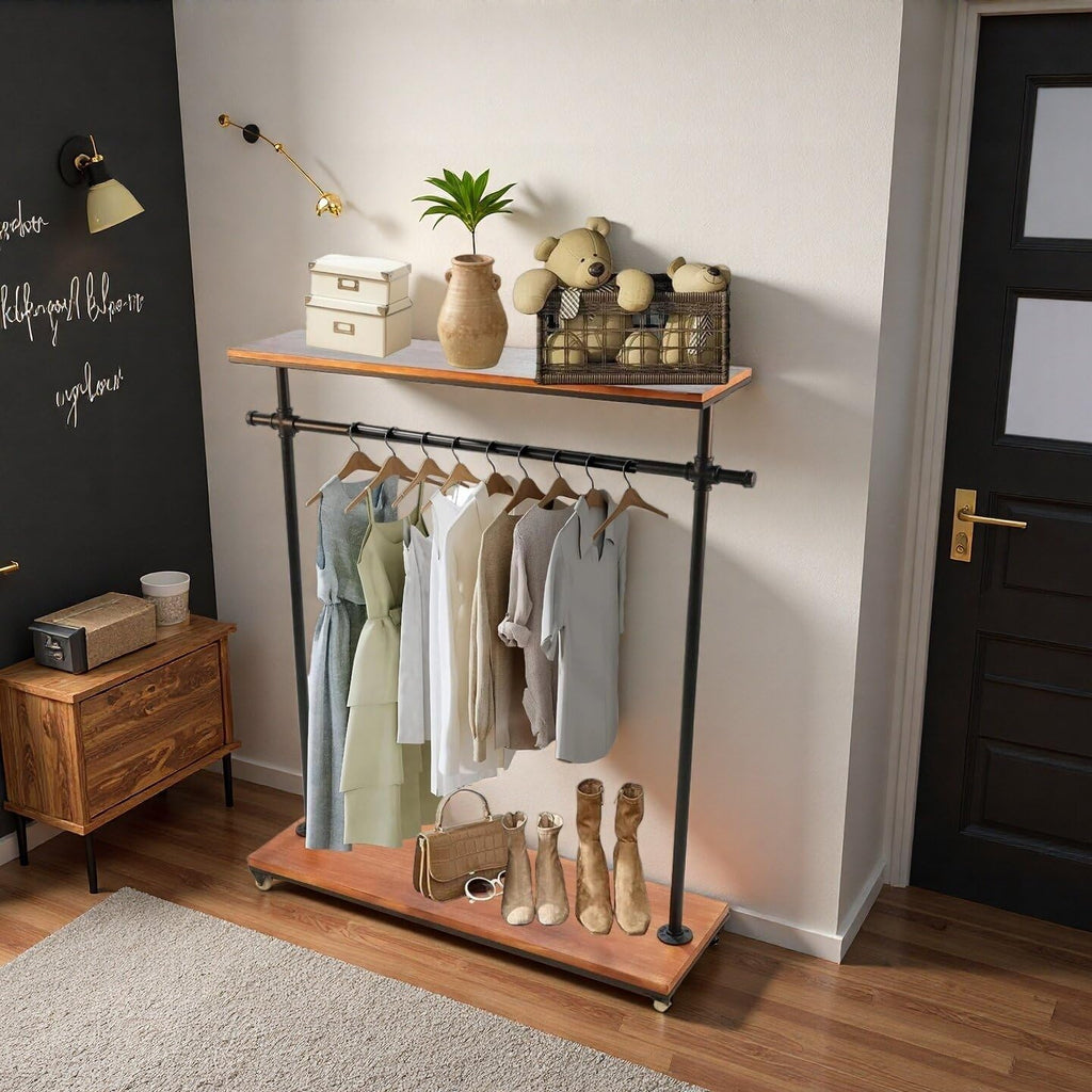 Industrial Pipe Clothing Rack, Pine Wood Shelving, Shoes Rack with Wheels, Cloth Hanger, Household Shoe Rack, Pipe Shelf, Garment Racks
