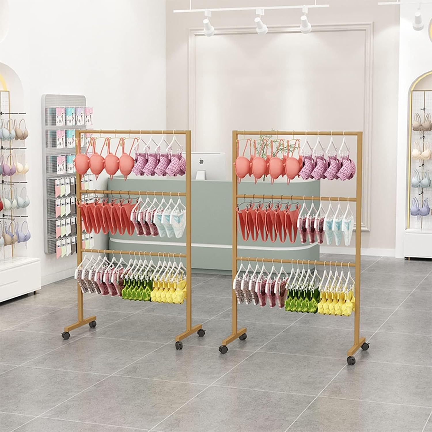 Underwear Display Rack,Bra Rack With Wheels,Garment Rack,Clothing Store,Retail Shelving,Commercial Free Standing Hanger For Bikini,Swimwear,Lingerie ( Color : Gold , Size : L100xH135CM/39.4x53in )
