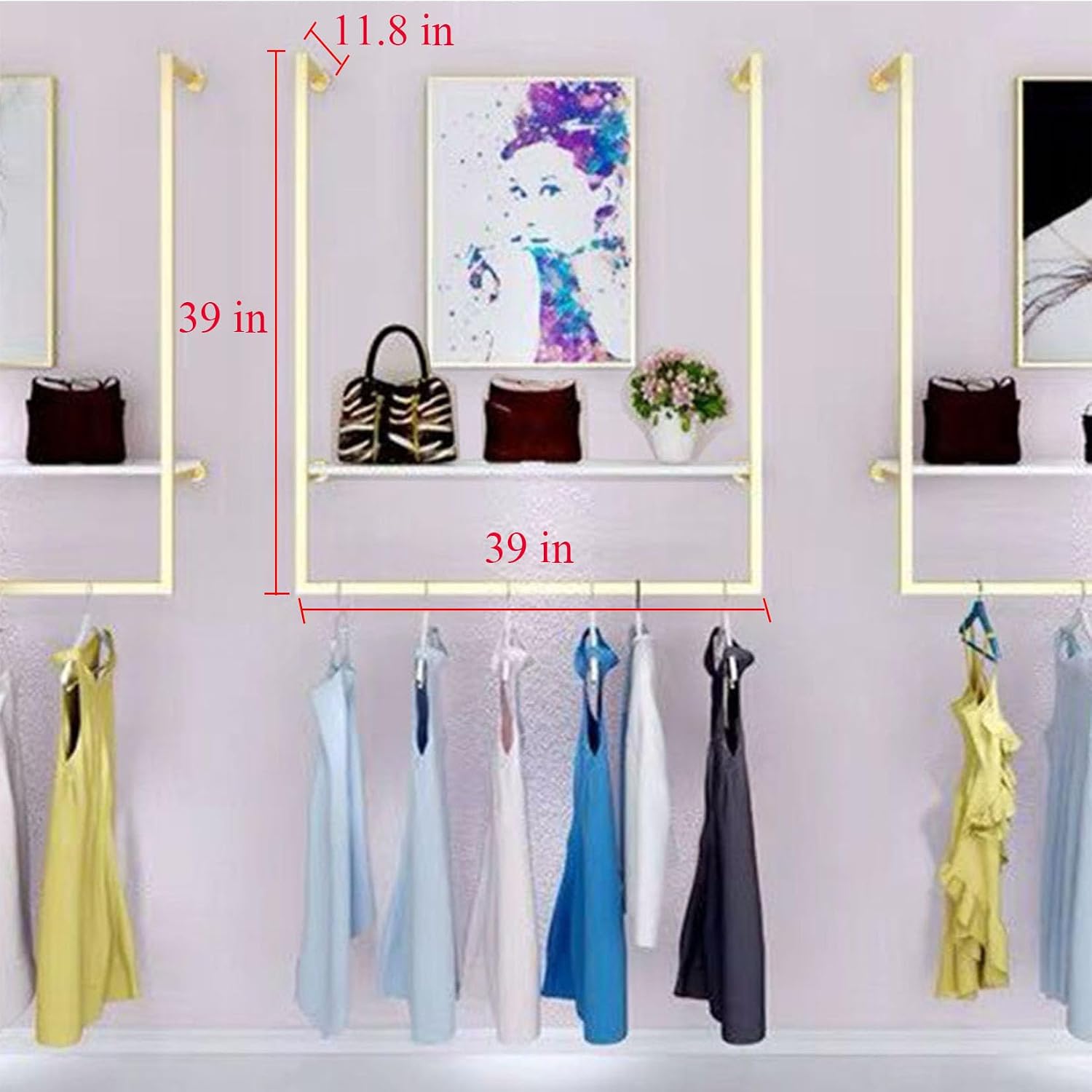 Clothing Store Square Tube Metal Display Stands, Entrance Porch Organization Hanging Garment Rack,Wall Mounted Storage Clothes Shoe Bag Pipe Shelf Bookshelf (Gold, 39' L)