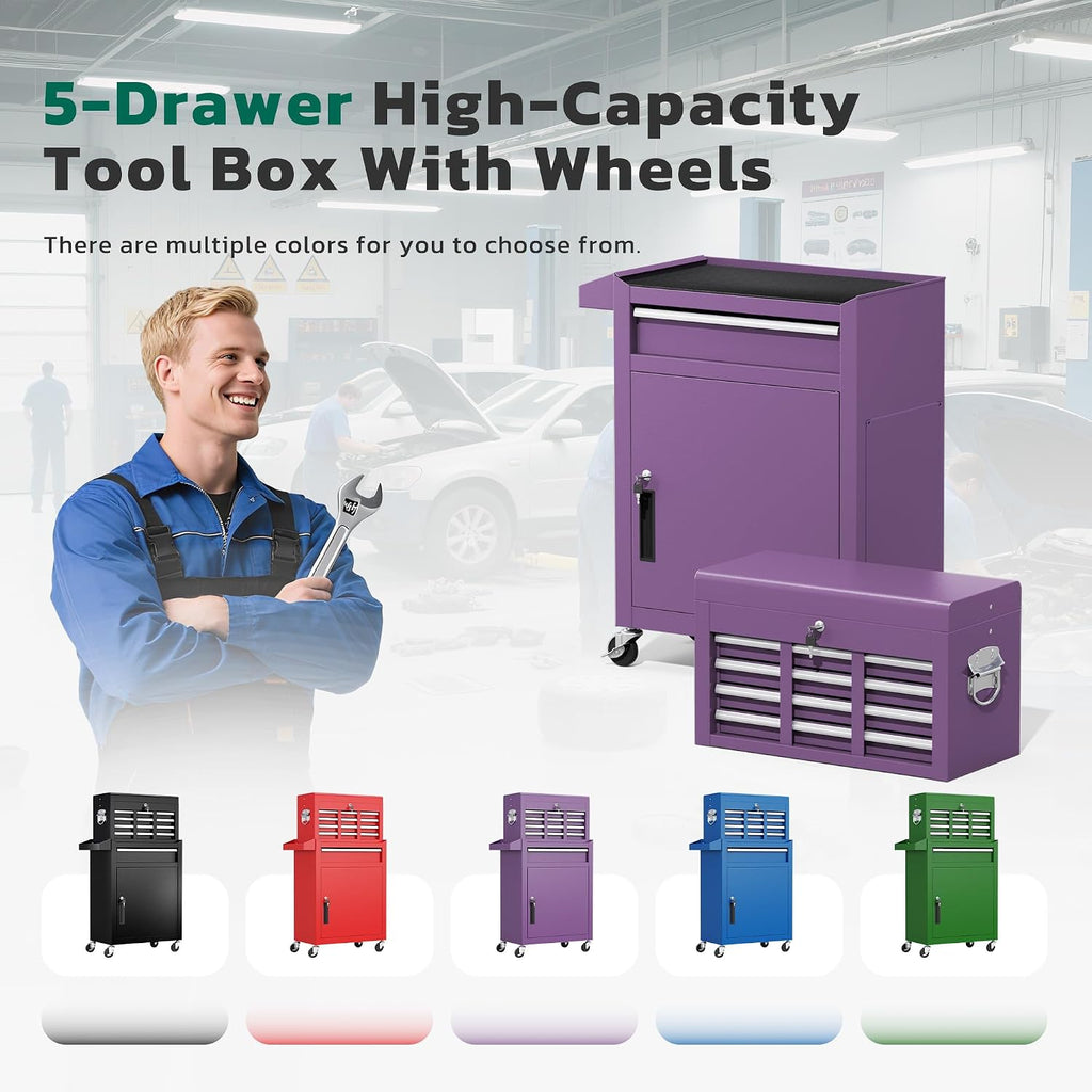 Greenvelly Tool Chest, 5-Drawer Rolling Tool Chest with Hooks and Lockable Wheels,Metal Storage Detachable Top Tool Box with Lockable Wheels for Garage,Workshop,Art Studio(Purple)