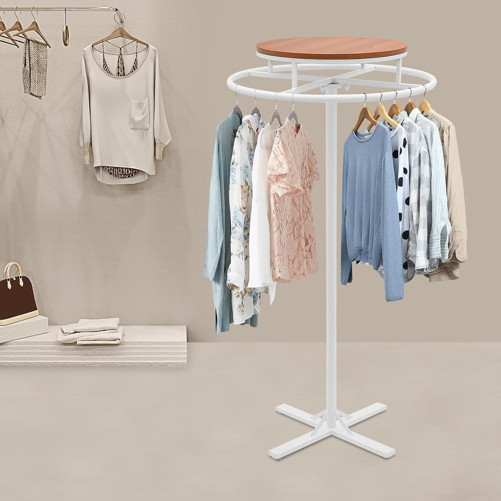 Round Garment Racks for Hanging Clothes 360° Rotary Clothes Display Rack 27.56' Diameter Freestanding Retail Display Stand Commercial Clothing Organizer Clothes Shelf for Retail Boutiques (White)