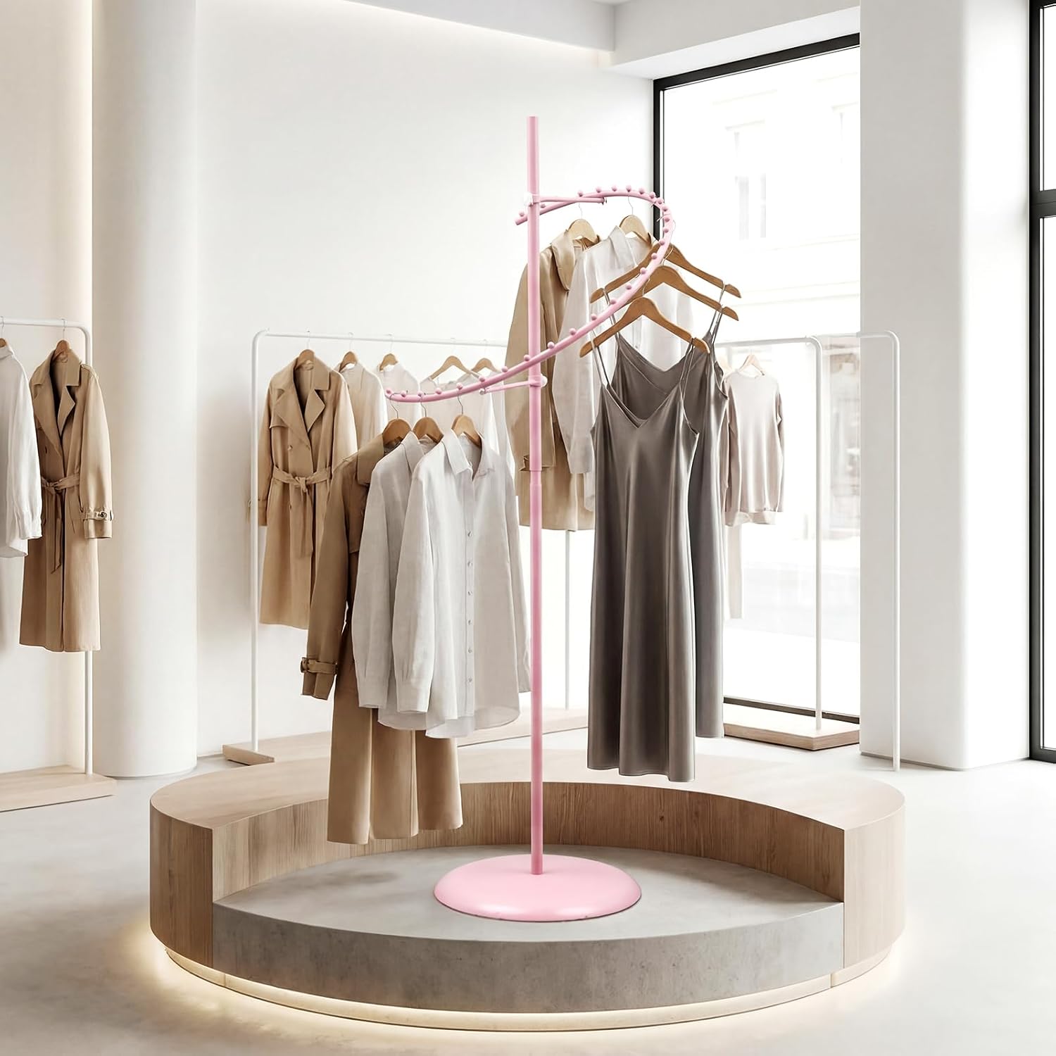 Sintuff Pink Spiral Clothing Rack, 29-ball Garment Display Rack for Retail Stores, Heavy Duty Freestanding Boutique Clothing Stand, Space Saving 63' h x 18'