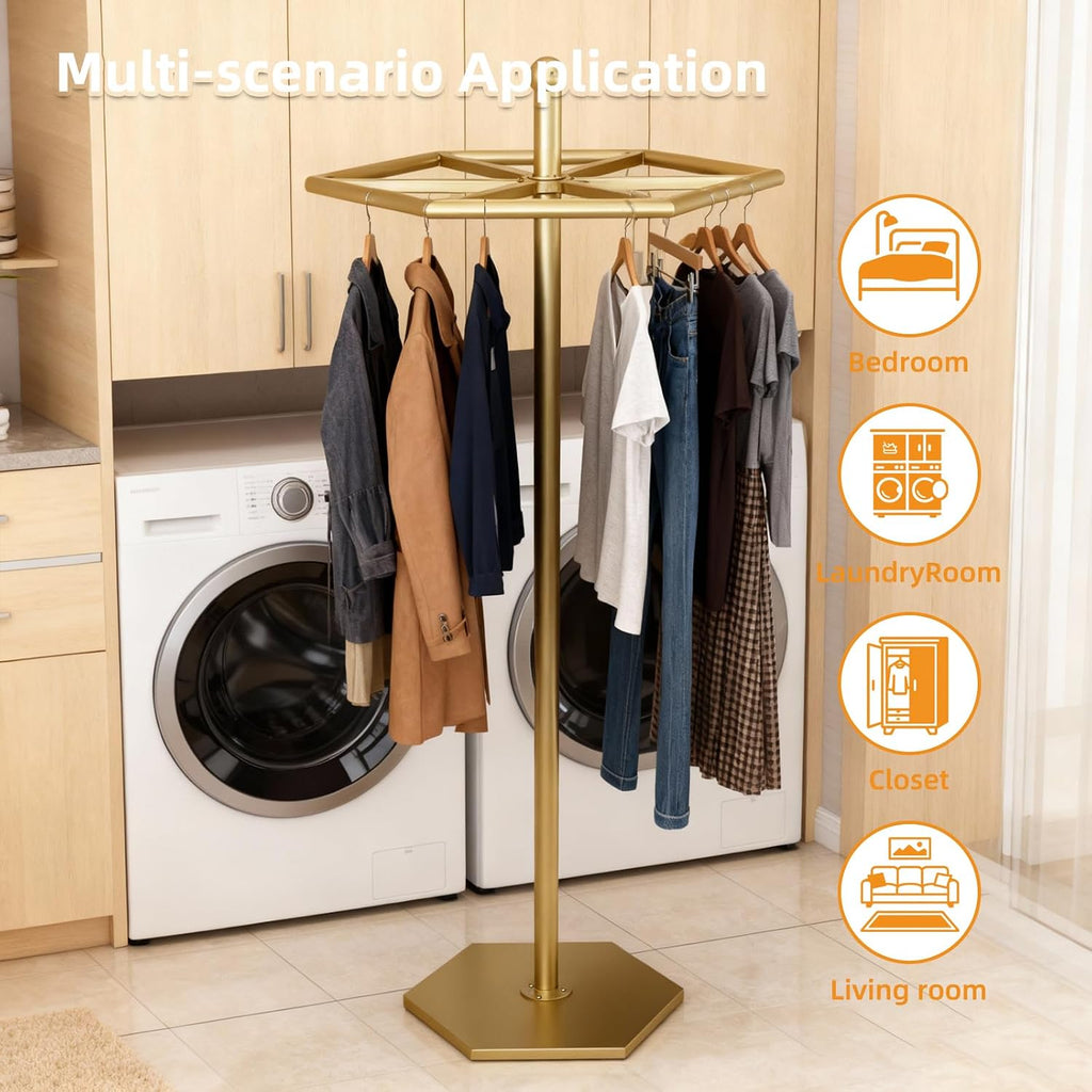 23-Inch Heavy-Duty Metal Rotating Clothes Rack, 42' x 42' Footprint, Rack Load 200lbs,Gold Round Clothing Rack with Adjustable Base Pads, Base Supports M8 Caster Wheels, For Home & Retail