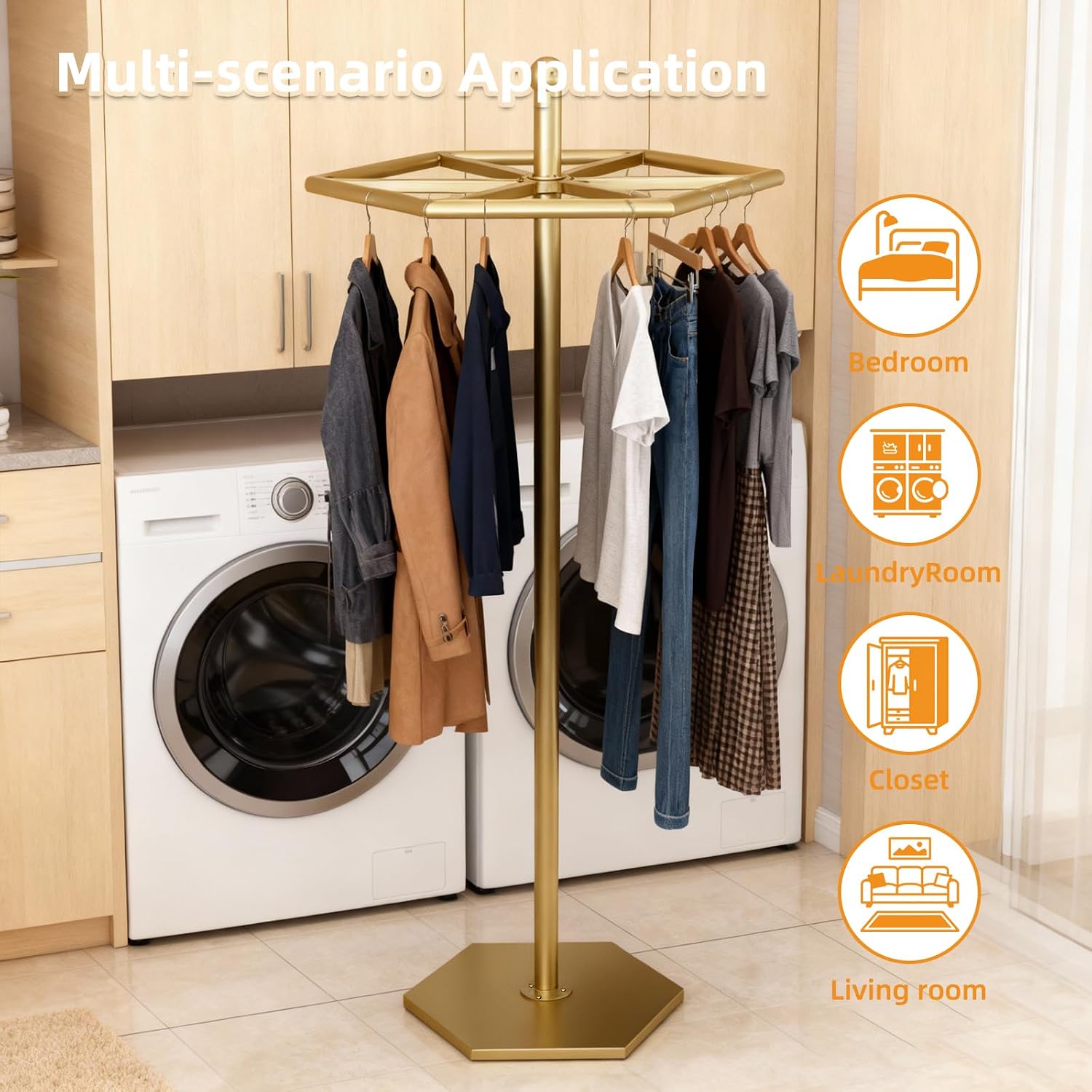 23-Inch Heavy-Duty Metal Rotating Clothes Rack, 42' x 42' Footprint, Rack Load 200lbs,Gold Round Clothing Rack with Adjustable Base Pads, Base Supports M8 Caster Wheels, For Home & Retail
