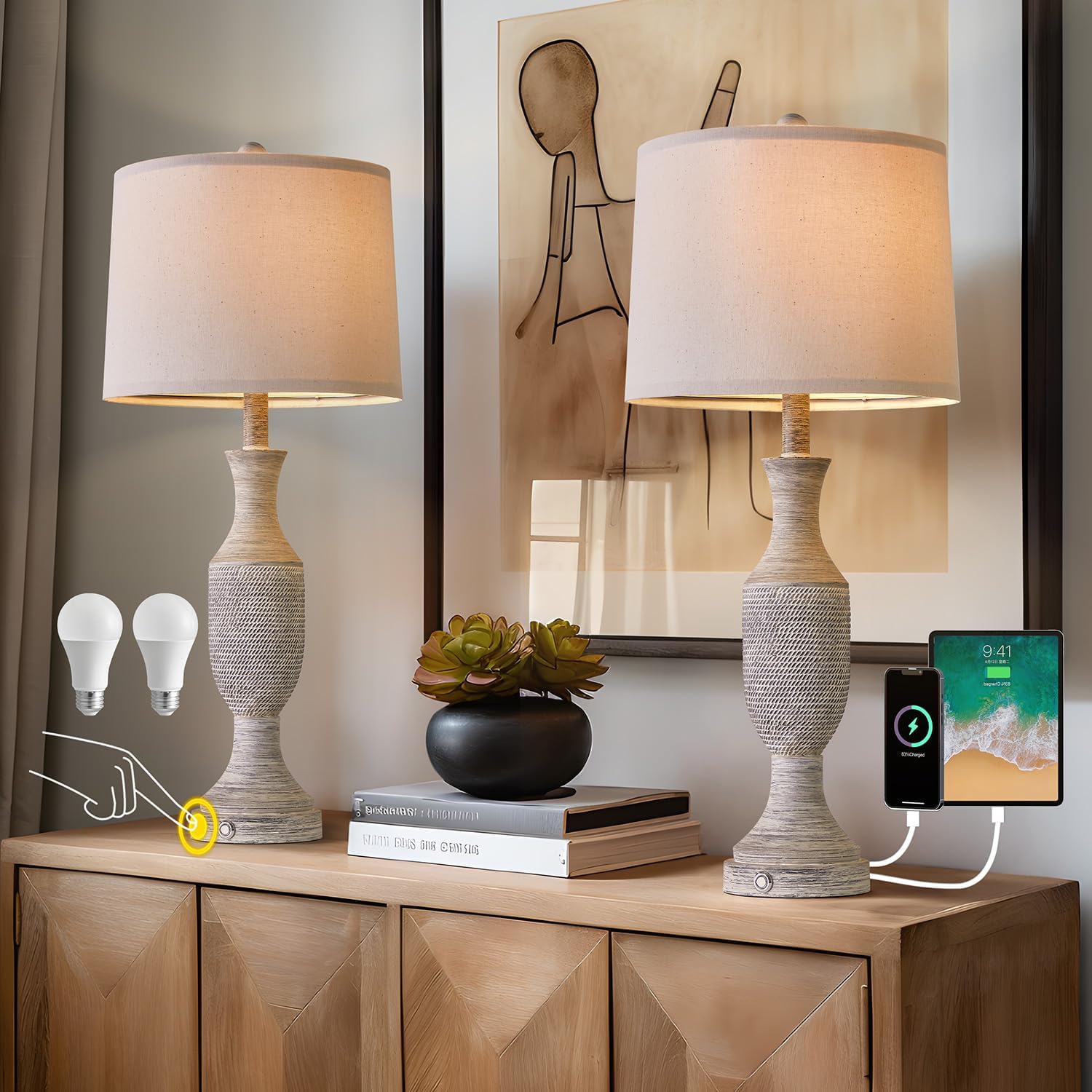OYEARS 27.75'Touch Table Lamp 3 Way Dimmable Free Control,Beside Lamps with USB Ports Outlets,Lamp Bedroom Set 2,Farmhouse Lamp for Bedroom,Living Room,Vintage Office Linen Fabric Shade Resin Base