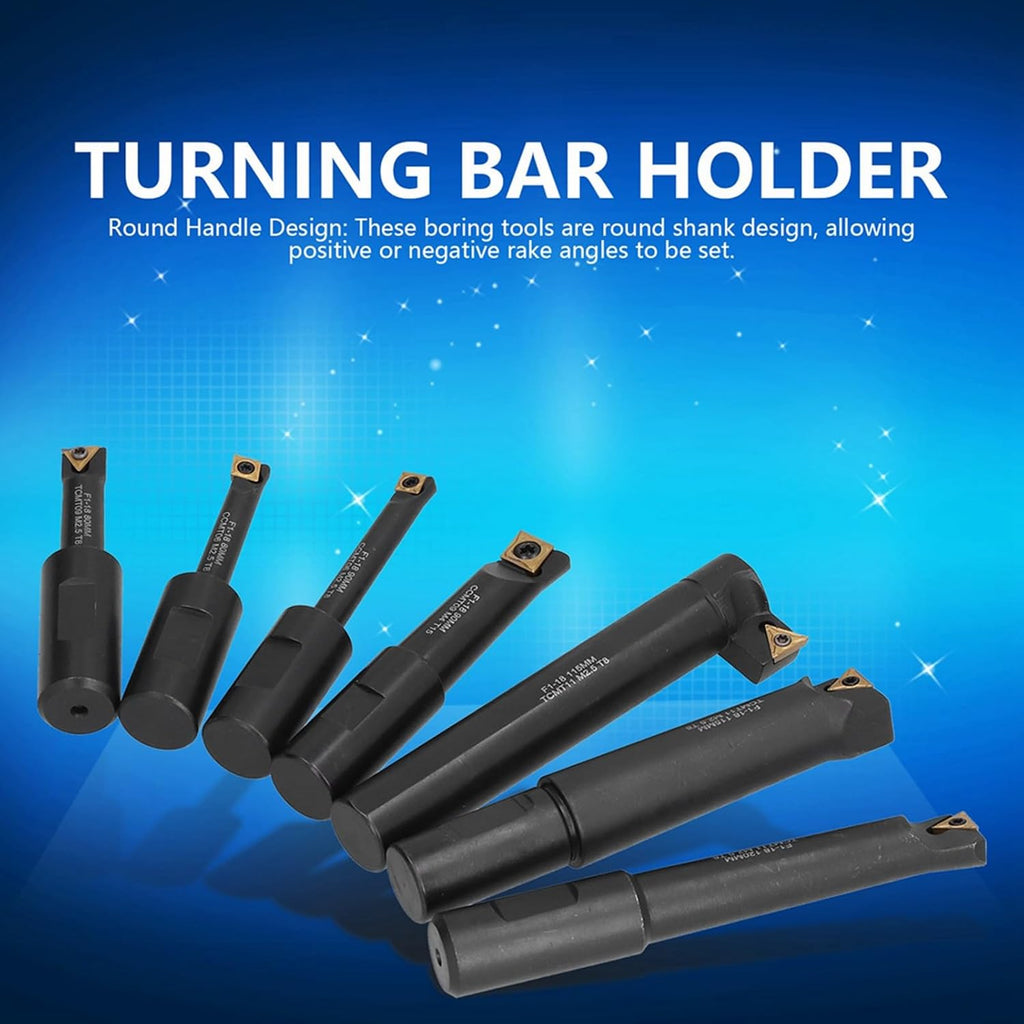 7Pcs Boring Bar Set, 18mm Round Shank Indexable Cemented Carbide Tipped Bars, Turning Bar Holder Set for Turning Inner Holes, Reaming