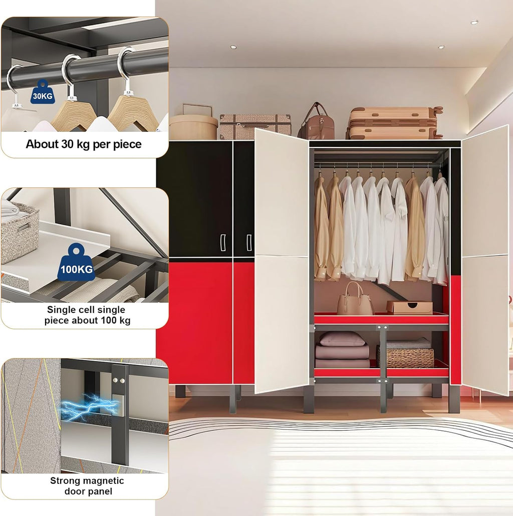 Large Portable Closets for Hanging Clothes | Heavy Duty Clothes Rack with Cover Foldable | Max Load 1000LBS Portable Wardrobe | Portable Closet, Double Rods Bedroom (Black-magnetic door, 49.2')