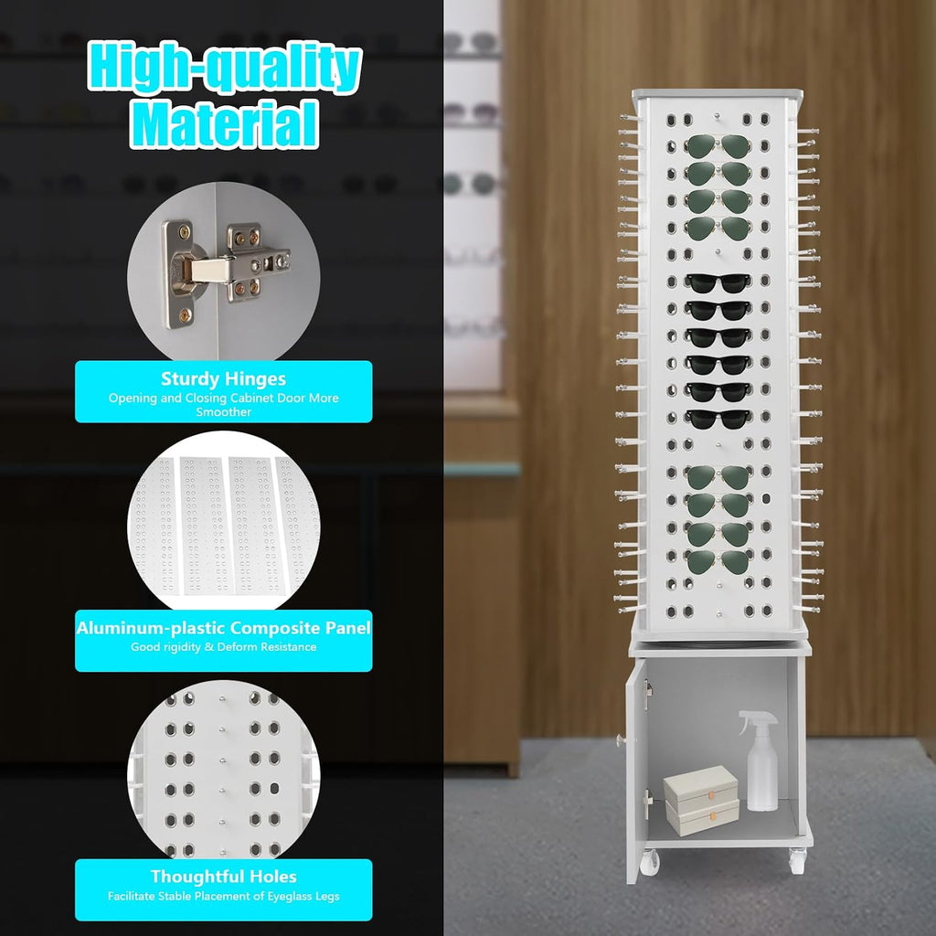 Undercat 152 Pairs Glasses Rack, 360° Rotating Sunglasses Display Rack, Floor-standing Eyeglasses Storage Organizer, Eyewear Holder, Sunglasses Display Stand with Storage Cabinet & Wheels