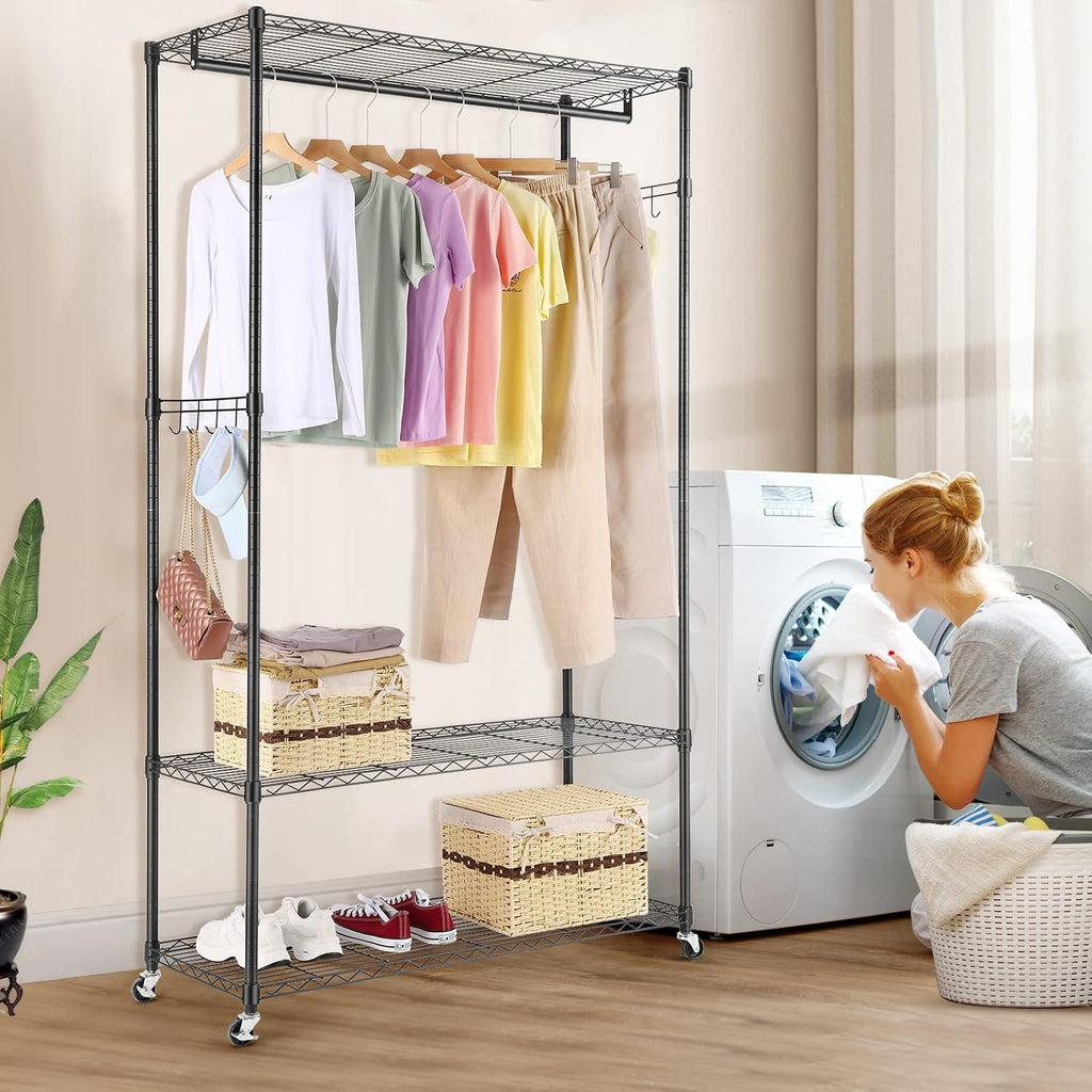 Homdox Garment Rack with 3 Tier Wire Adjustable Shelves, Rolling Clothes Rack Heavy Duty, 1 Hanging Rod, 2 Side Hooks, Black