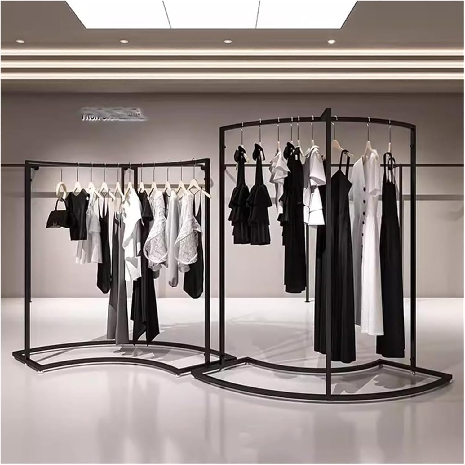 Garment Rack Clothing Display Rack - Half Round Floor Standing Clothes Rail for Retail Stores - Durable Black Curved Combination Design - Ideal for Organizing Clothing