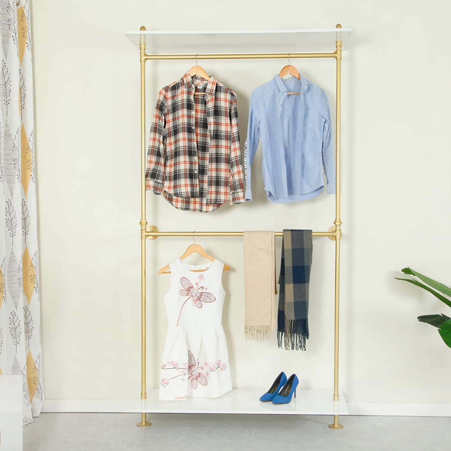 Industrial Clothing Store 2-Tier Pipe and Wood Garment Rack,Wall Mounted Storage Clothes Shoe Bag Hanging Shelves,Retail Shop Clothes Display Stands (Gold, One Pipe Shlef, 47.2' L)