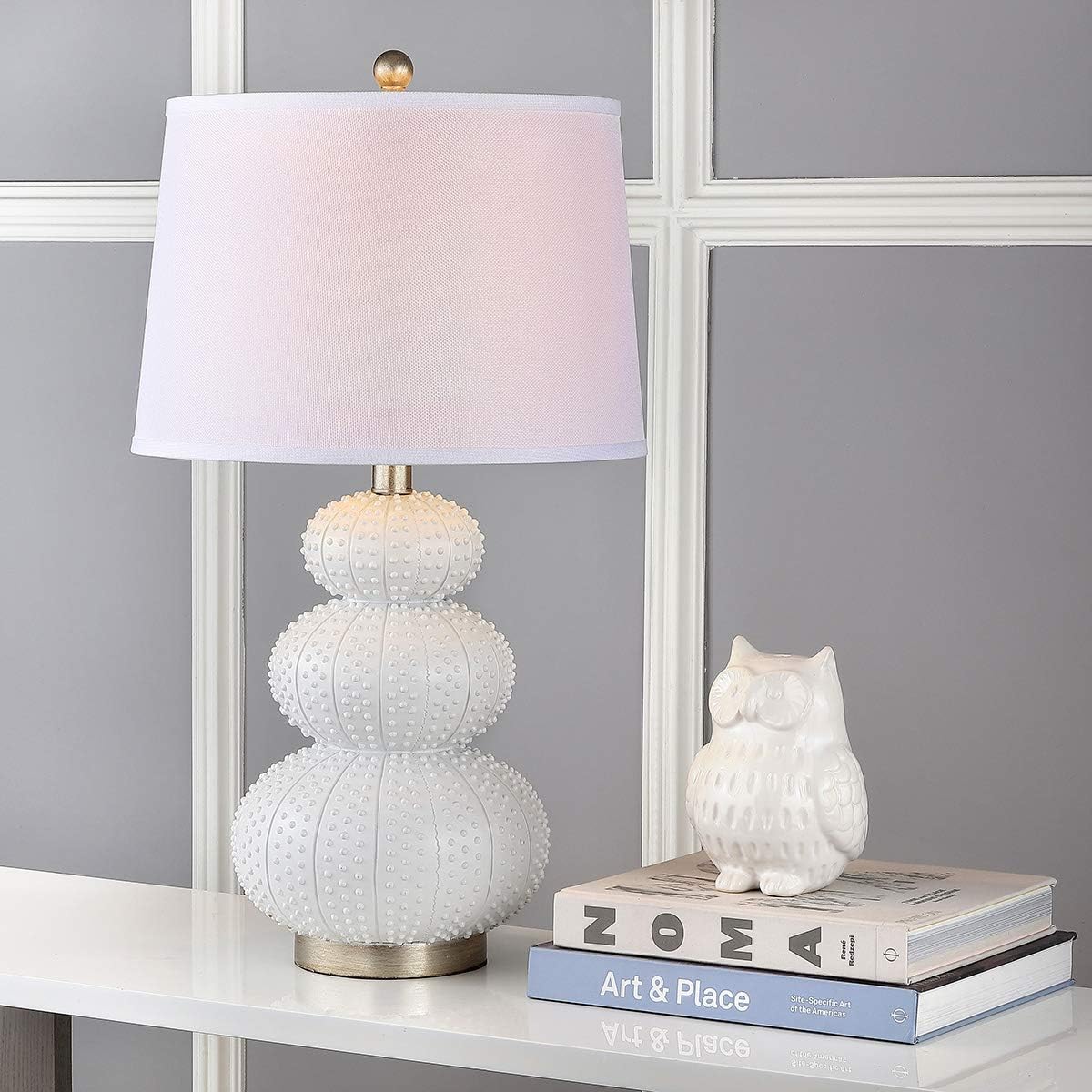 SAFAVIEH Lighting Collection Rita Modern Contemporary White Triple Gourd Studded 29-inch Bedroom Living Room Home Office Desk Nightstand Table Lamp Set of 2 (LED Bulbs Included)