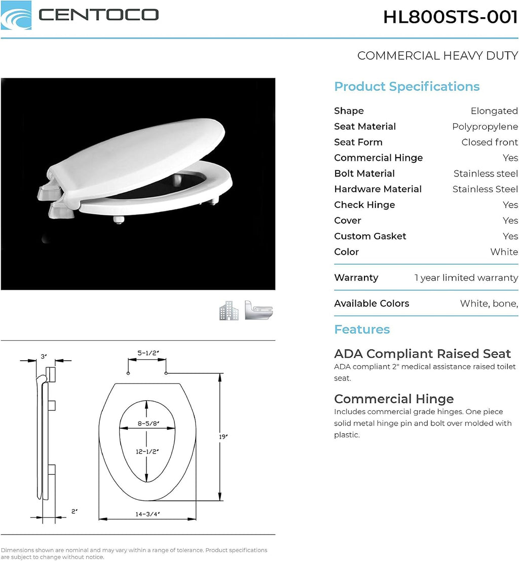 Centoco 4 Pack - 2 inch Raised Toilet Seat for Seniors, Elongated, Closed Front with Cover, Plastic, Made in the USA, HL800STS-001, White