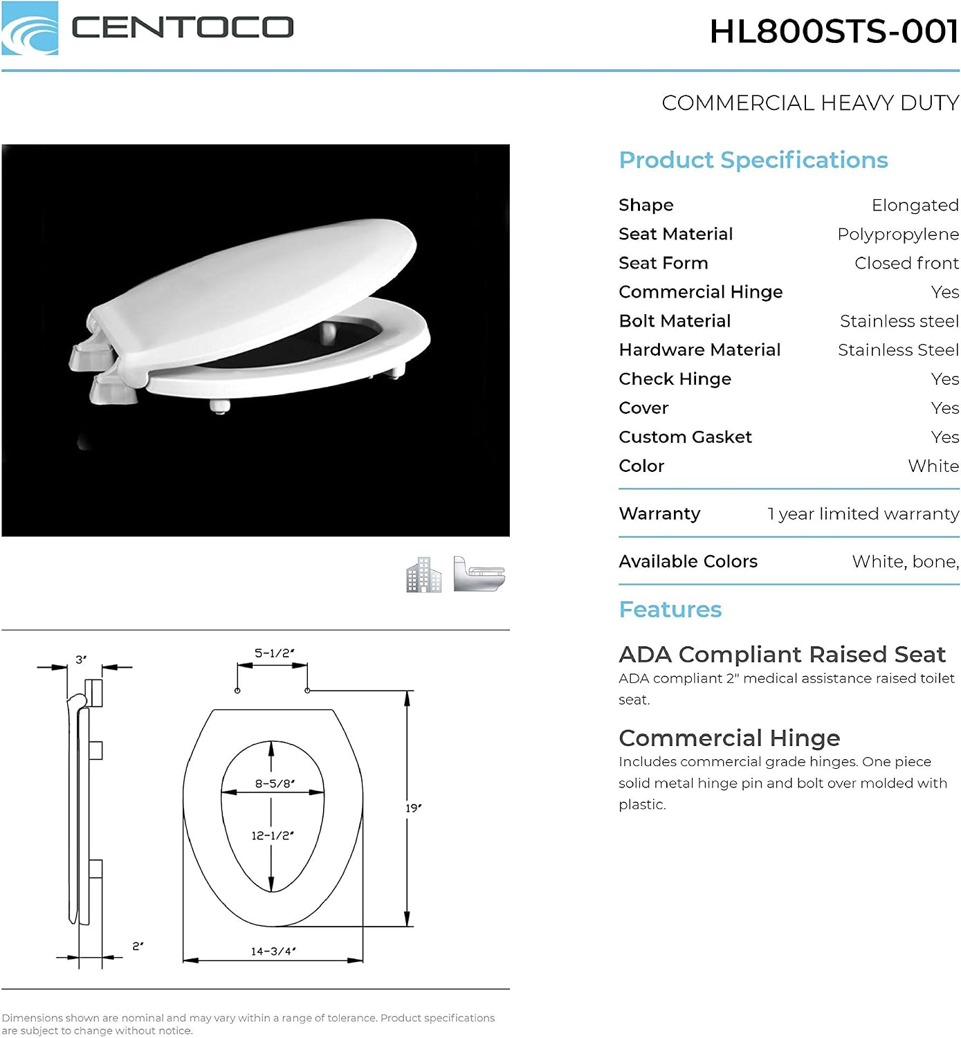 Centoco 4 Pack - 2 inch Raised Toilet Seat for Seniors, Elongated, Closed Front with Cover, Plastic, Made in the USA, HL800STS-001, White