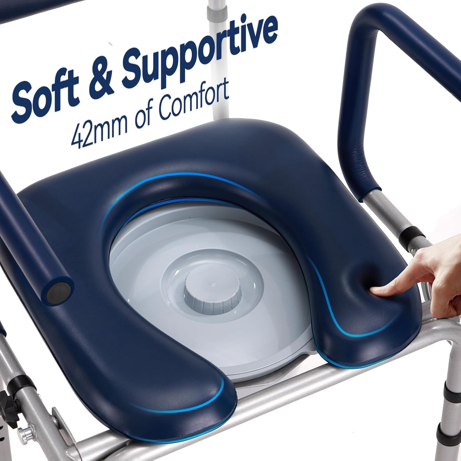 Drop Arm Bedside Commode, Commode Toilet with Padded Seat and Backrest, 400lbs Capacity, 6.3QT Removable Bucket and Splash Guard, Adjustable Height Portable Toilet for Adults, Blue