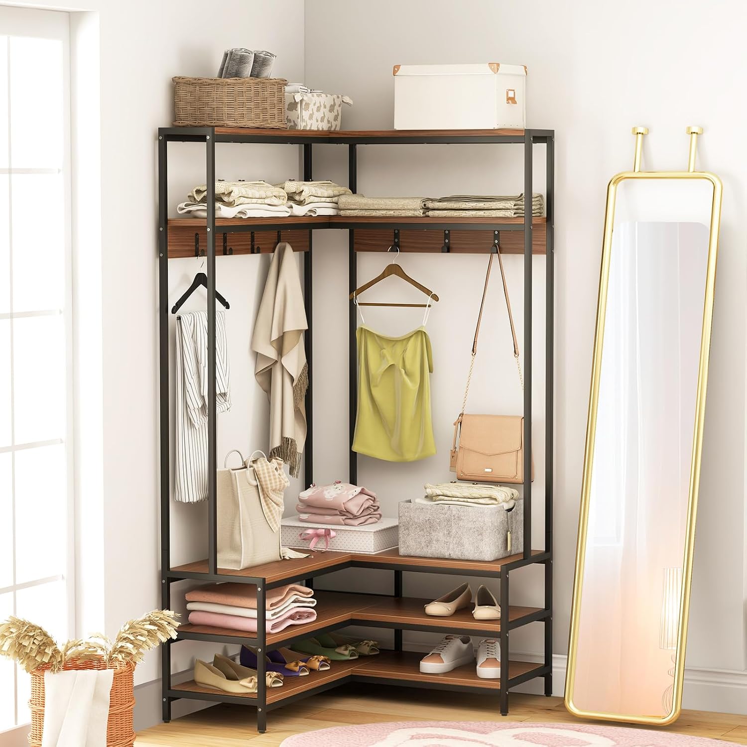 Giantex Corner Coat Rack with Shoe Bench, L-Shaped Garment Rack with 5 Shelves & 7 Hooks, Heavy Duty Freestanding Clothes Racks Entryway Bench with Shoes Organizer for Hallway (Walnut & Black)