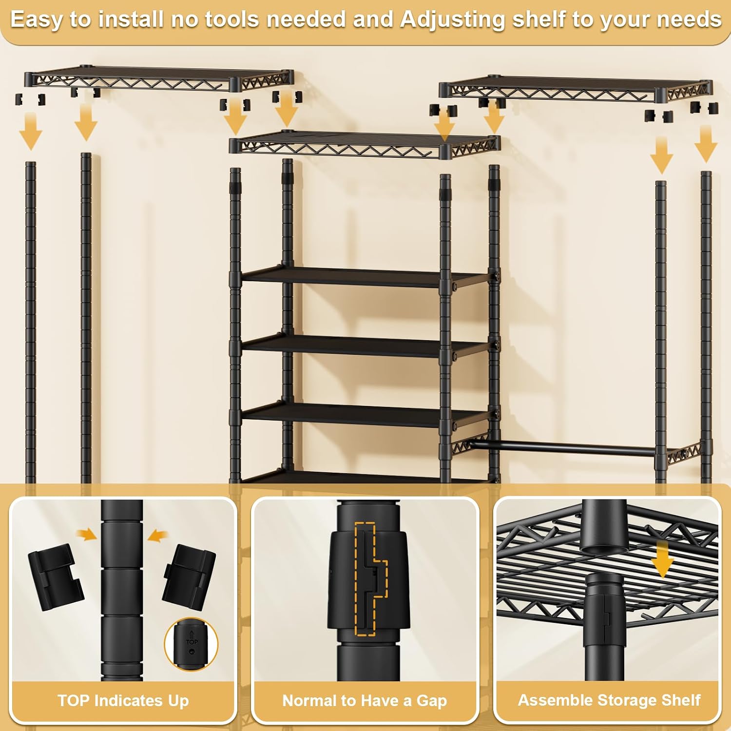 ULIFHOME E16 Heavy Duty Clothing Rack（with 7-Tier Adjustable Shoe Rack） Freestanding Clothes Rack for Hanging Clothes，Metal Closet Storage Organizer Large Wardrobe，69'' W x 15.8'' D x 76.2'' H，Black