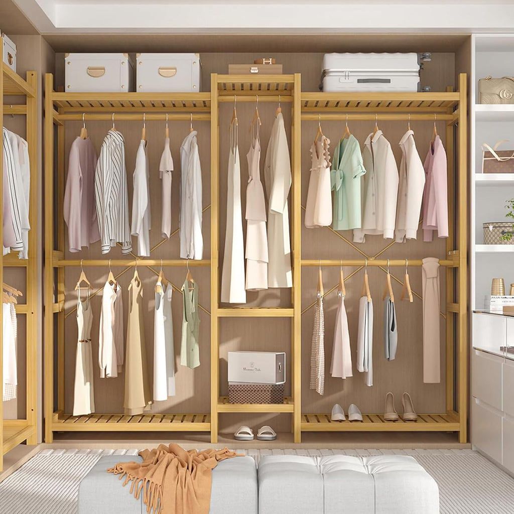 Homykic Bamboo Closet System, Large Clothing Rack for Hanging Clothes, Freestanding Clothes Rack with 7 Shelves & 5 Hanging Rods, Open Wardrobe Closet Organizer Garment Rack with 4 Hooks