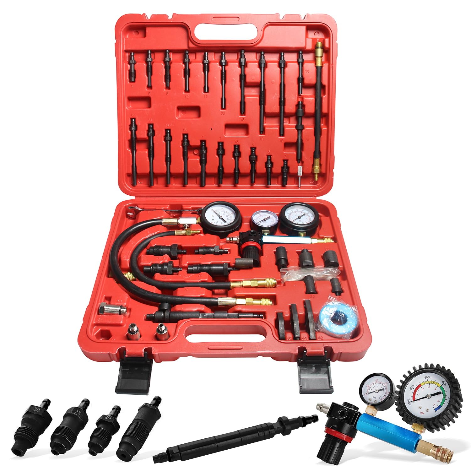Petrol & Diesel Engine Compression and Leakage Test Kit – 47PCS Comprehensive Pressure Gauge Tool Set for Diagnosing Engine Issues Fits for Most Cars, Trucks and Motorcycles
