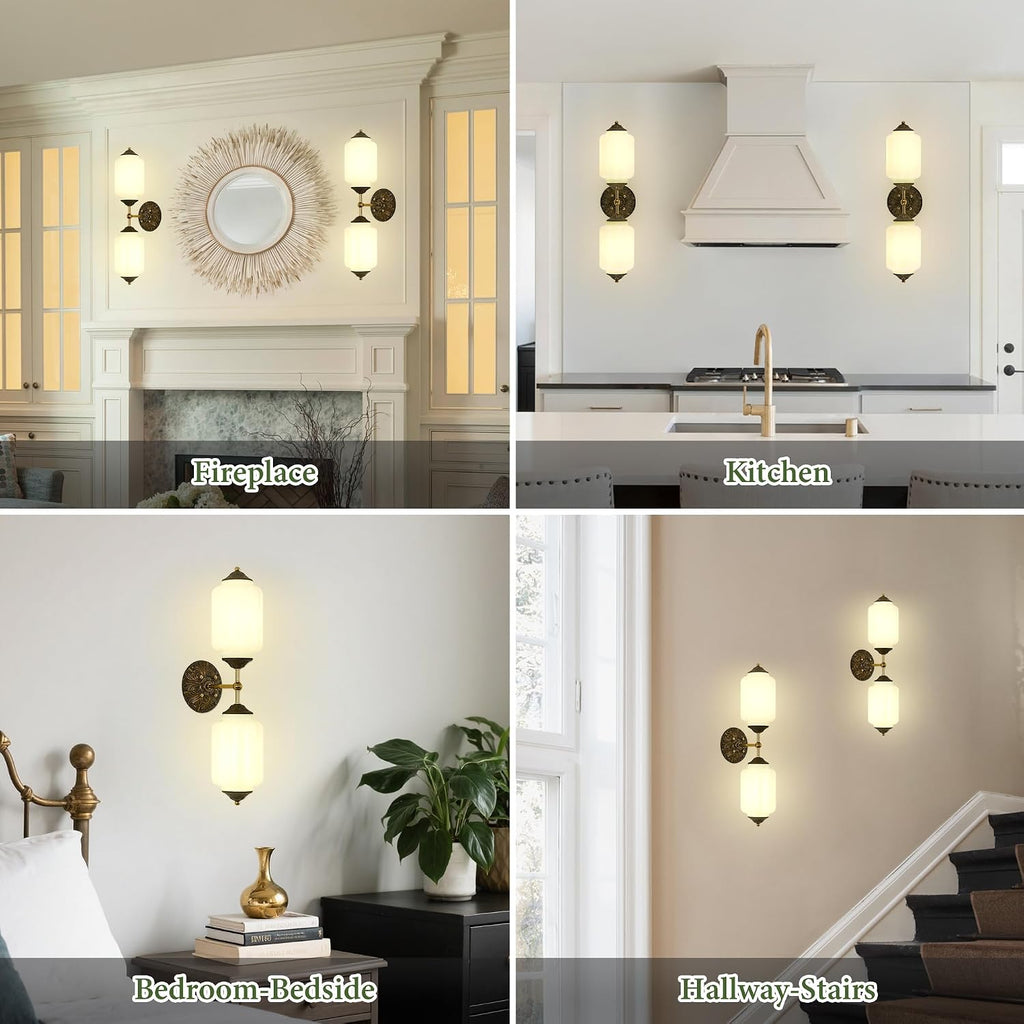 Vintage Milk Glass Bathroom Vanity Light - 25' Green Dimmable Wall Sconce with Bulb - Mid Century Vertical or Horizontal Mounted Sconces - Modern Brass Gold Lighting Fixture for Indoor Bedroom Hallway