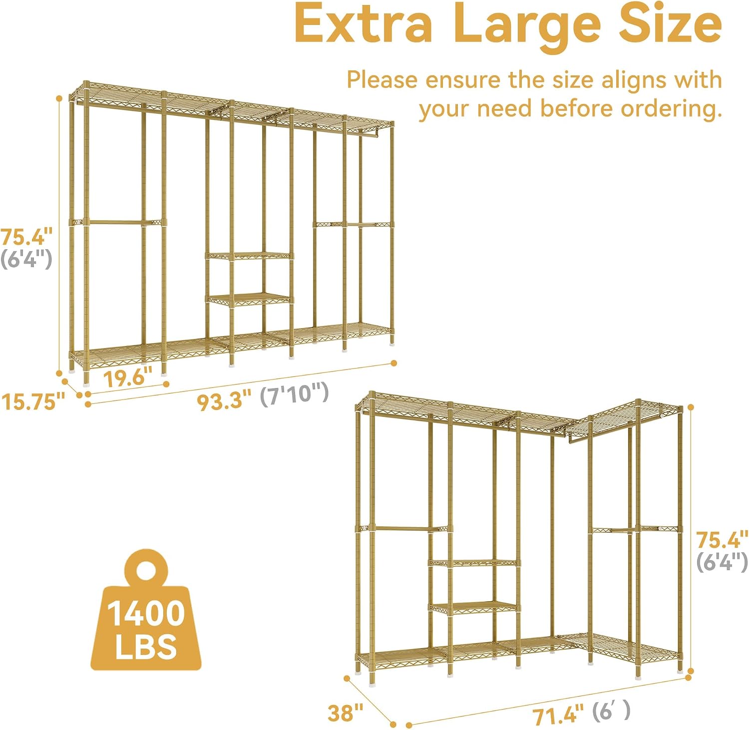 Higeego H5 Large Wire Garment Rack, Heavy Duty Clothes Racks, Wardrobe Closet Rack for Hanging Clothes, Freestanding Clothing Racks with Adjustable Shelf, 93.3' Wx15.7 Dx75.4 H, Gold, Load 1400 lbs