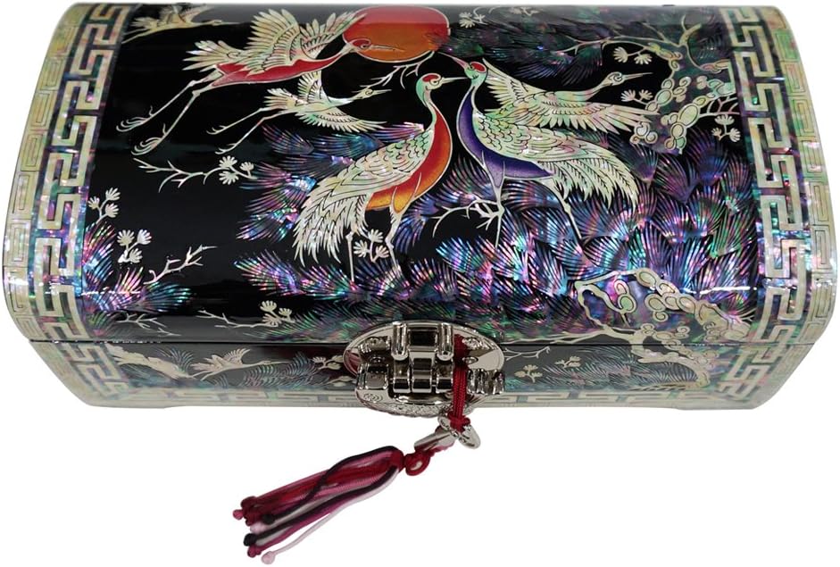 Mother of Pearl Asian Black Lacquer Wood Jewelry Trinket Keepsake Treasure Box Ring Case Chest Organizer