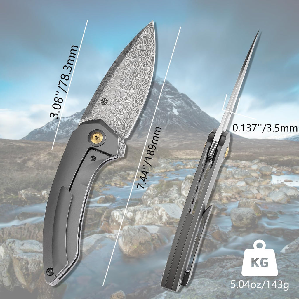 KANSEPT ODD 21 Pocket Folding Knives for Camping Hiking Folding Knife 3.06'' Damascus Blade EDC Knife with Grey Anodized Titanium with Bronze Holes Handle for Men and Women Everyday Carry K1077A2