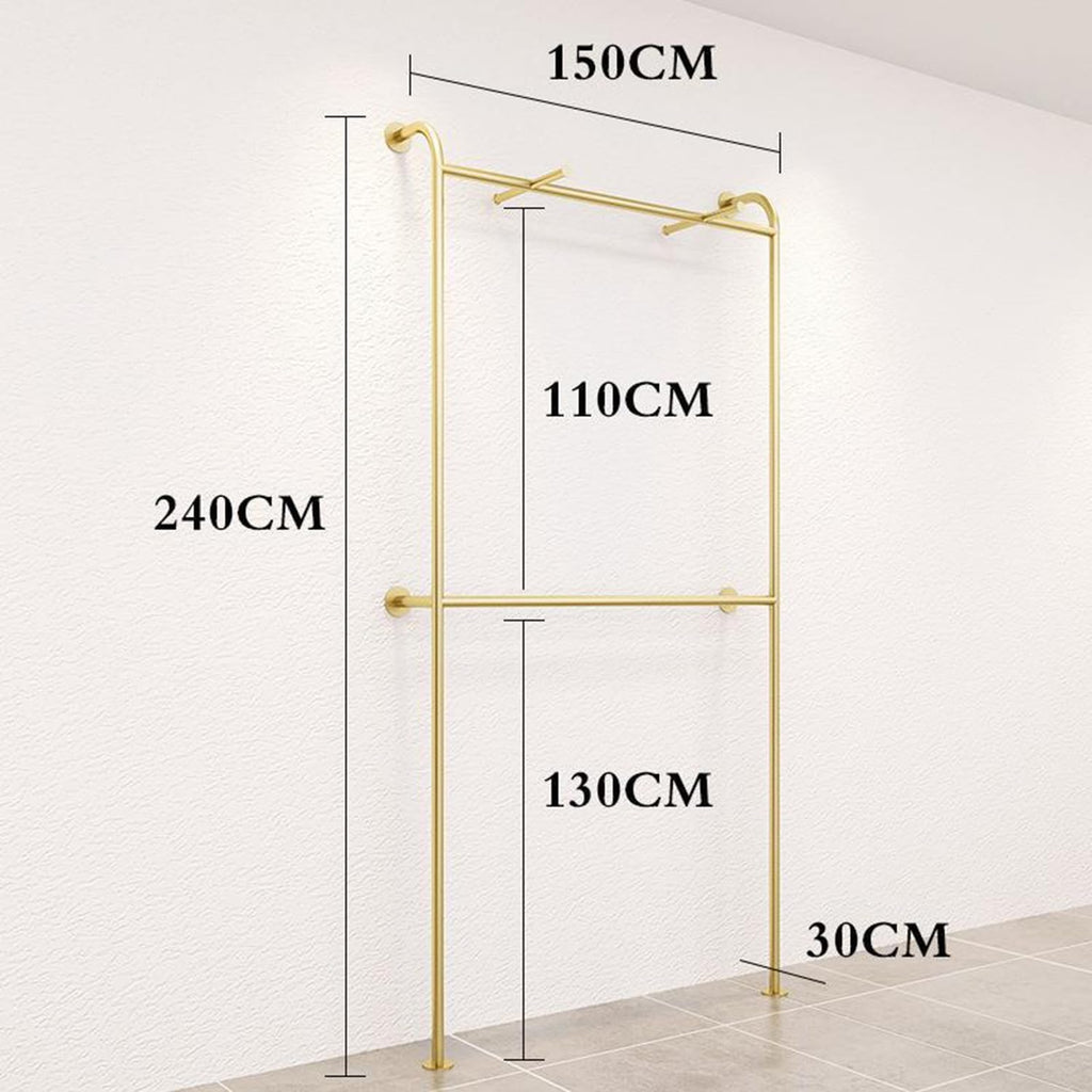 Double Layer Gold Clothes Rack, Wall Mounted Floor Clothing Rack, Heavy Duty Pipe Garment Rack, Metal Clothing Display Stand Rod for Boutique Retail Bedroom,150cm
