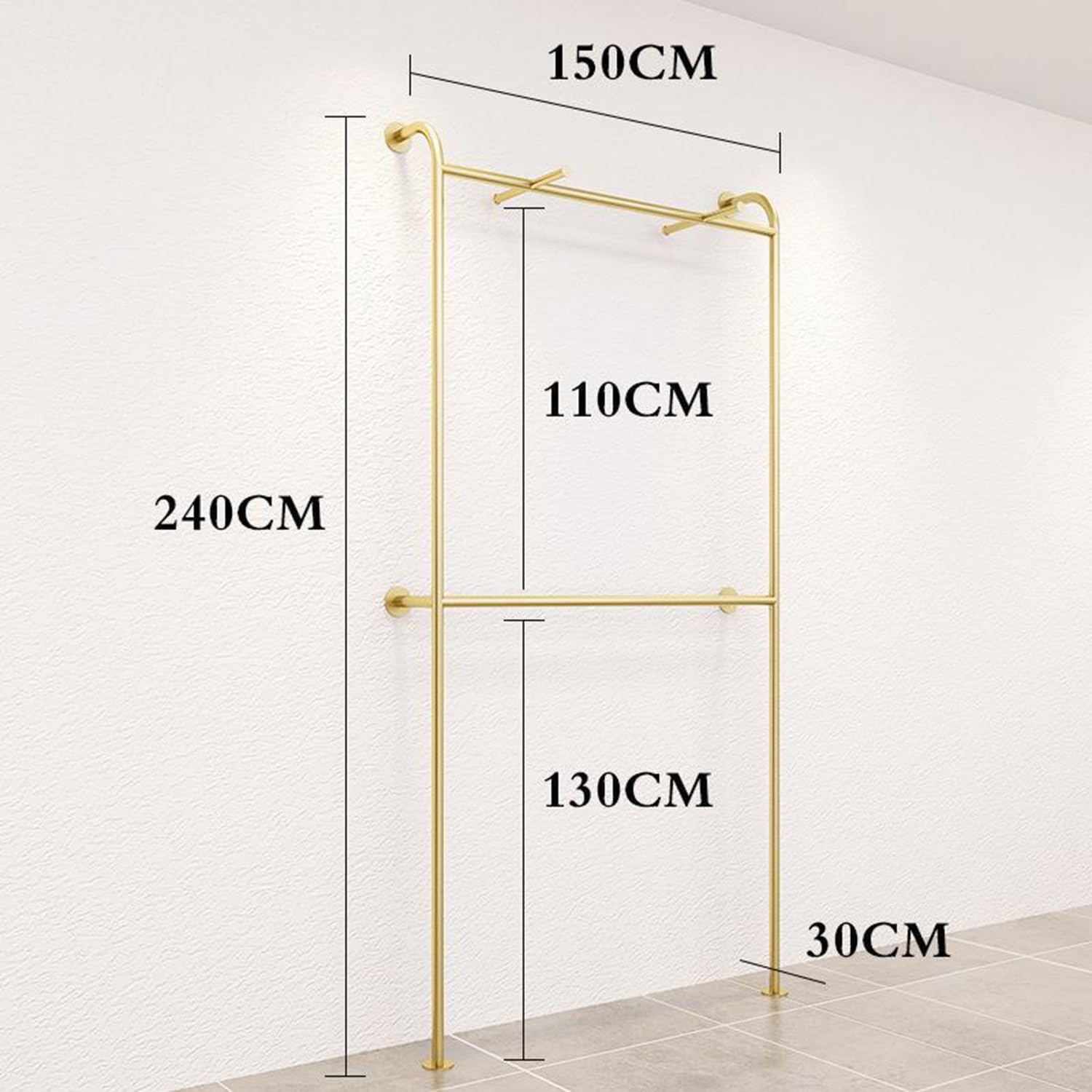 Double Layer Gold Clothes Rack, Wall Mounted Floor Clothing Rack, Heavy Duty Pipe Garment Rack, Metal Clothing Display Stand Rod for Boutique Retail Bedroom,150cm