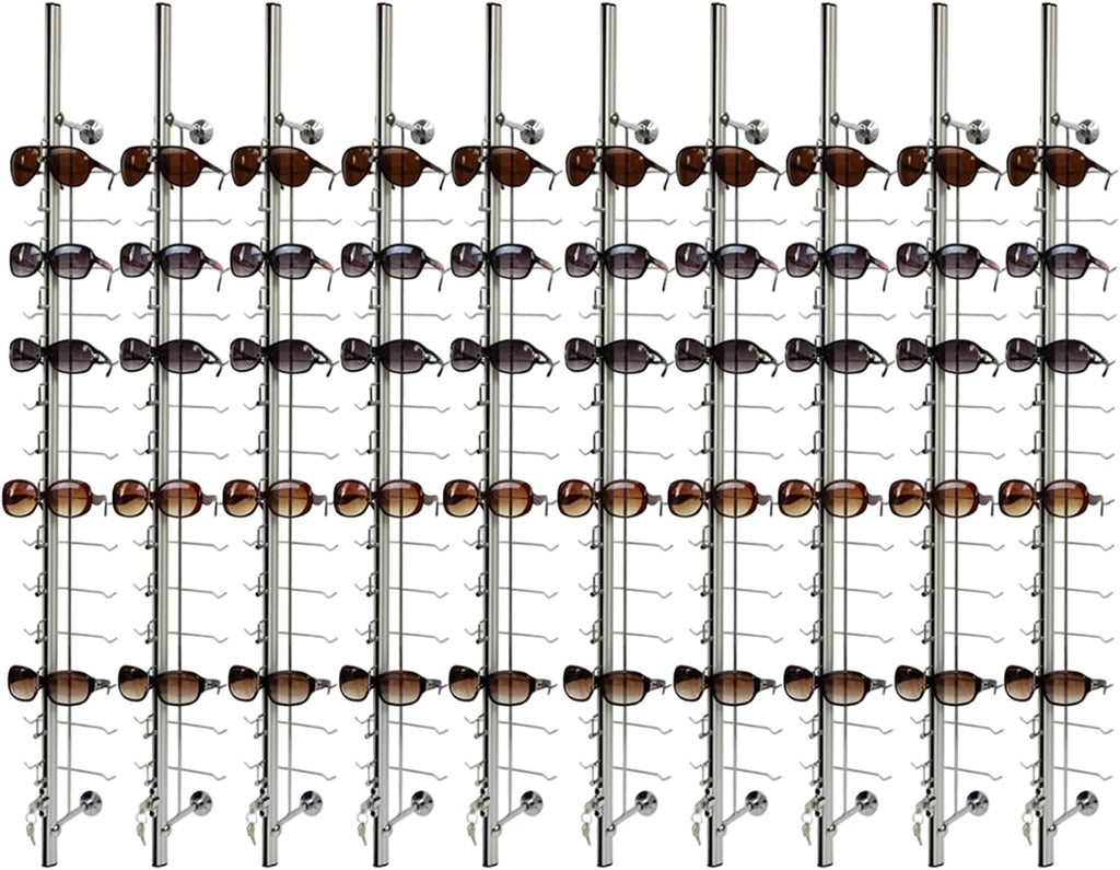 10 Pcs Aluminum Eyeglass Display Rod with Lock, Wall Mount Sunglasses Display Stand Holder Organizer for Optical Store & Home Use (48 Inch, Hold 14 Frames with Lock)