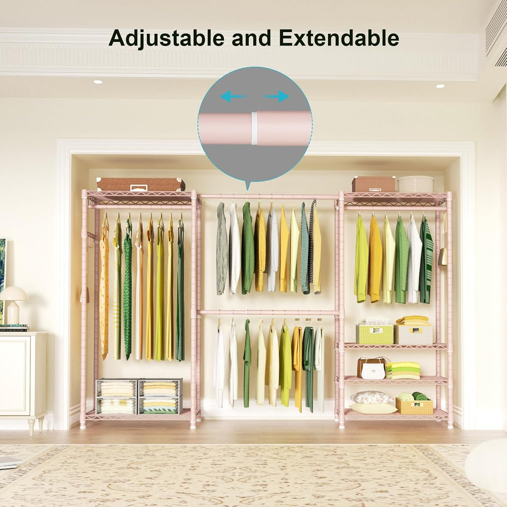 Ulif E1 Heavy Duty Closet Garment Rack, 6 Tiers Adjustable Metal Freestanding Expandable Clothing Storage with 4 Hanger Rods, Easy to Assemble Wardrobe, 71.4' H x (70' - 88.2') L x 14' D, Pink