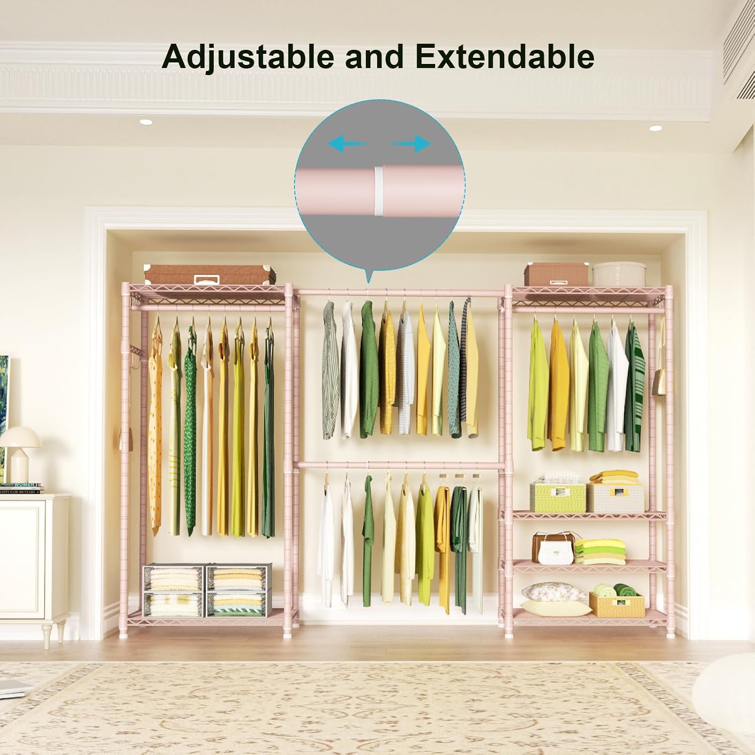 Ulif E1 Heavy Duty Closet Garment Rack, 6 Tiers Adjustable Metal Freestanding Expandable Clothing Storage with 4 Hanger Rods, Easy to Assemble Wardrobe, 71.4' H x (70' - 88.2') L x 14' D, Pink