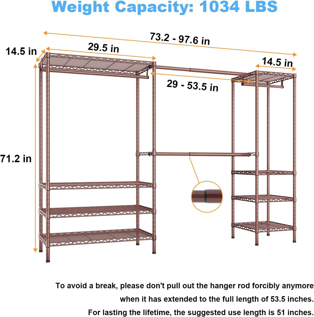 Ulif E11 Heavy-Duty Garment Rack, Metal Freestanding Clothes Rack and Closet Storage Organizer System with 8 Shelves and 4 Hanger Rods, (73.2-97.6)' W x 14.5' D x 71.2' H, Load 1034 LBS, Bronze