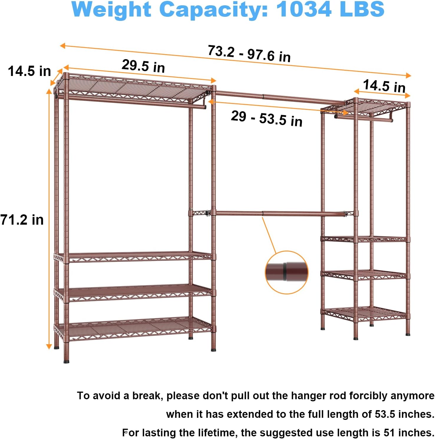 Ulif E11 Heavy-Duty Garment Rack, Metal Freestanding Clothes Rack and Closet Storage Organizer System with 8 Shelves and 4 Hanger Rods, (73.2-97.6)' W x 14.5' D x 71.2' H, Load 1034 LBS, Bronze